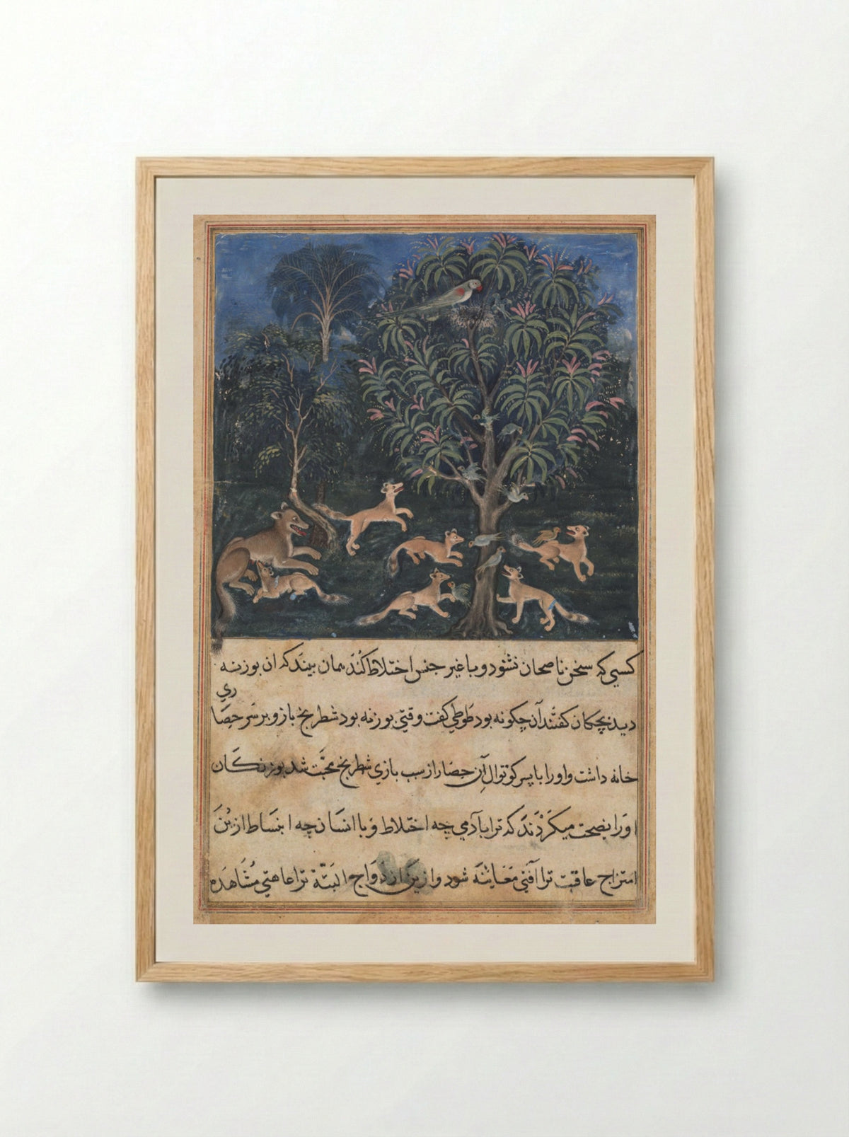 The parrot mother cautions her young on the danger of playing with foxes - Dasavanta - Framed Print Wood