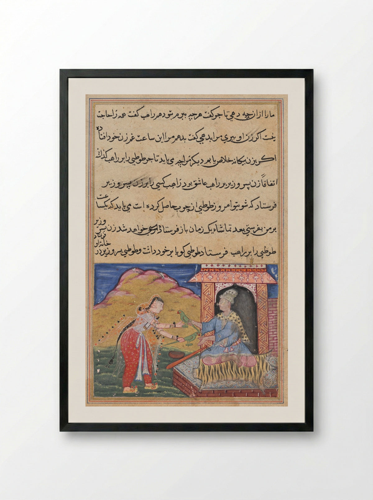 The wife of the son of the vizier brings the magic wooden parrot to her lover, the monk - Lalu - Framed Print Black