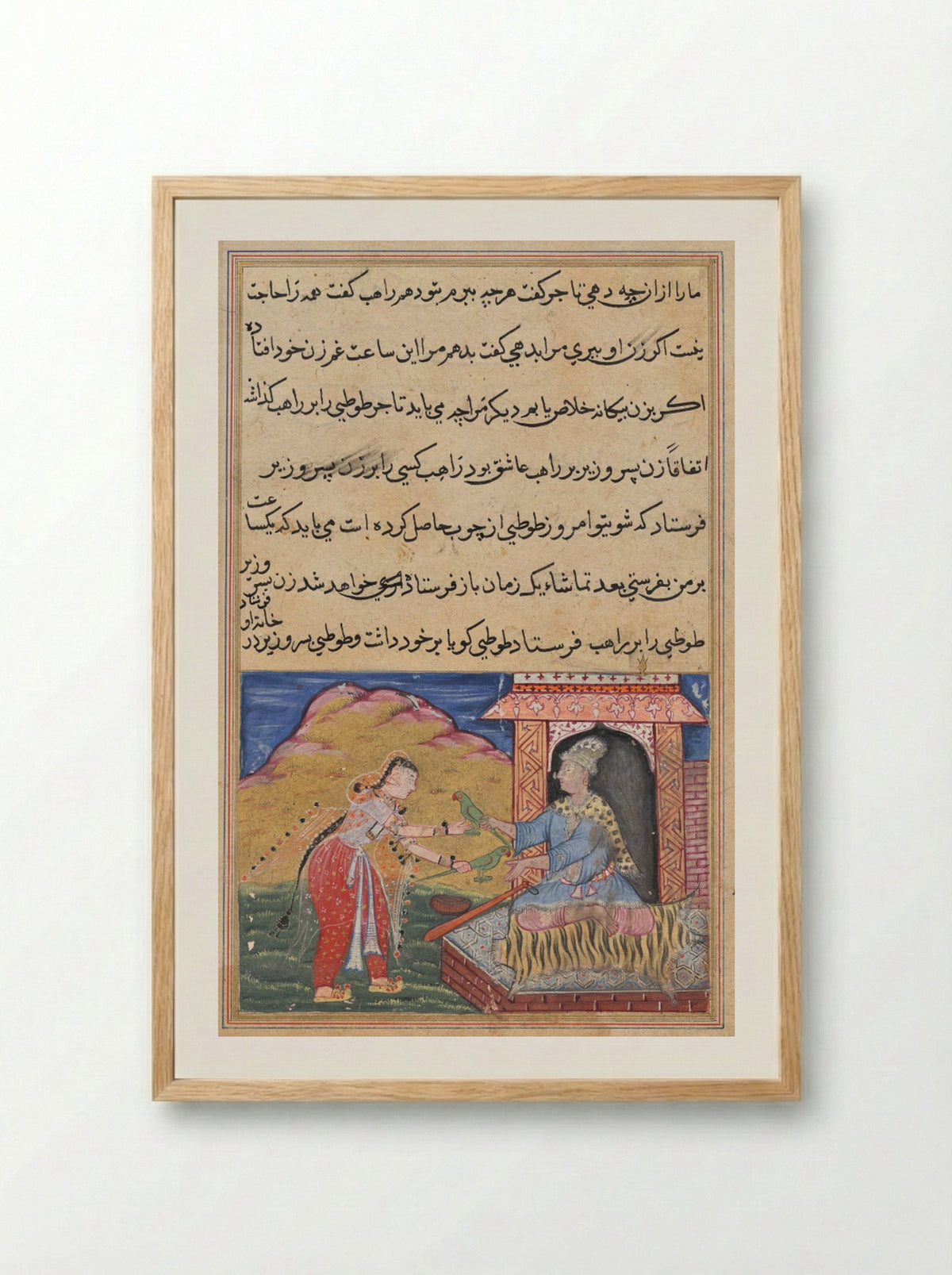The wife of the son of the vizier brings the magic wooden parrot to her lover, the monk - Lalu - Framed Print Wood