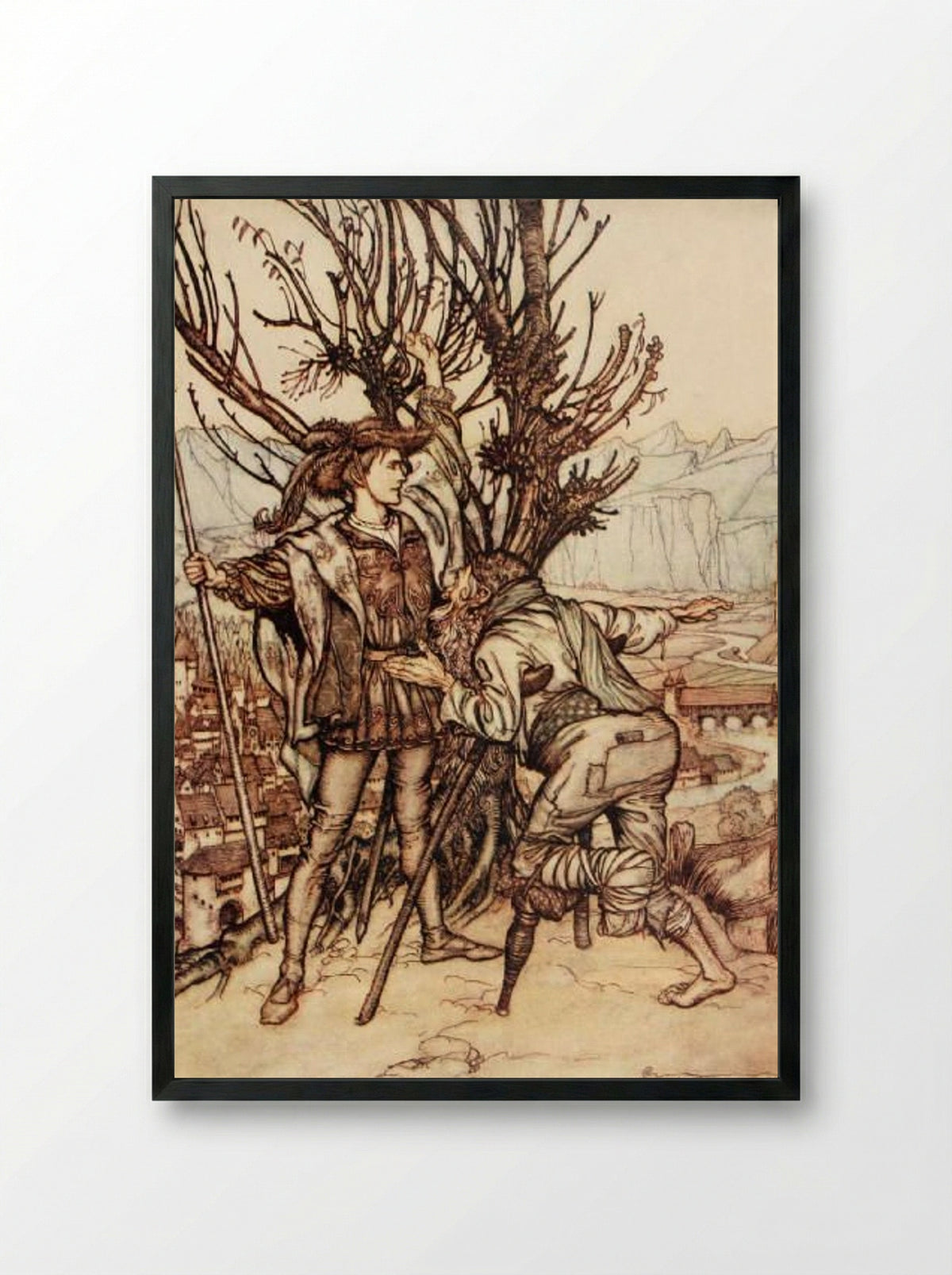 The young Prince said, ‘I am not afraid; I am determined to go and look upon the lovely Briar Rose’ - Arthur Rackham - Framed Print Black