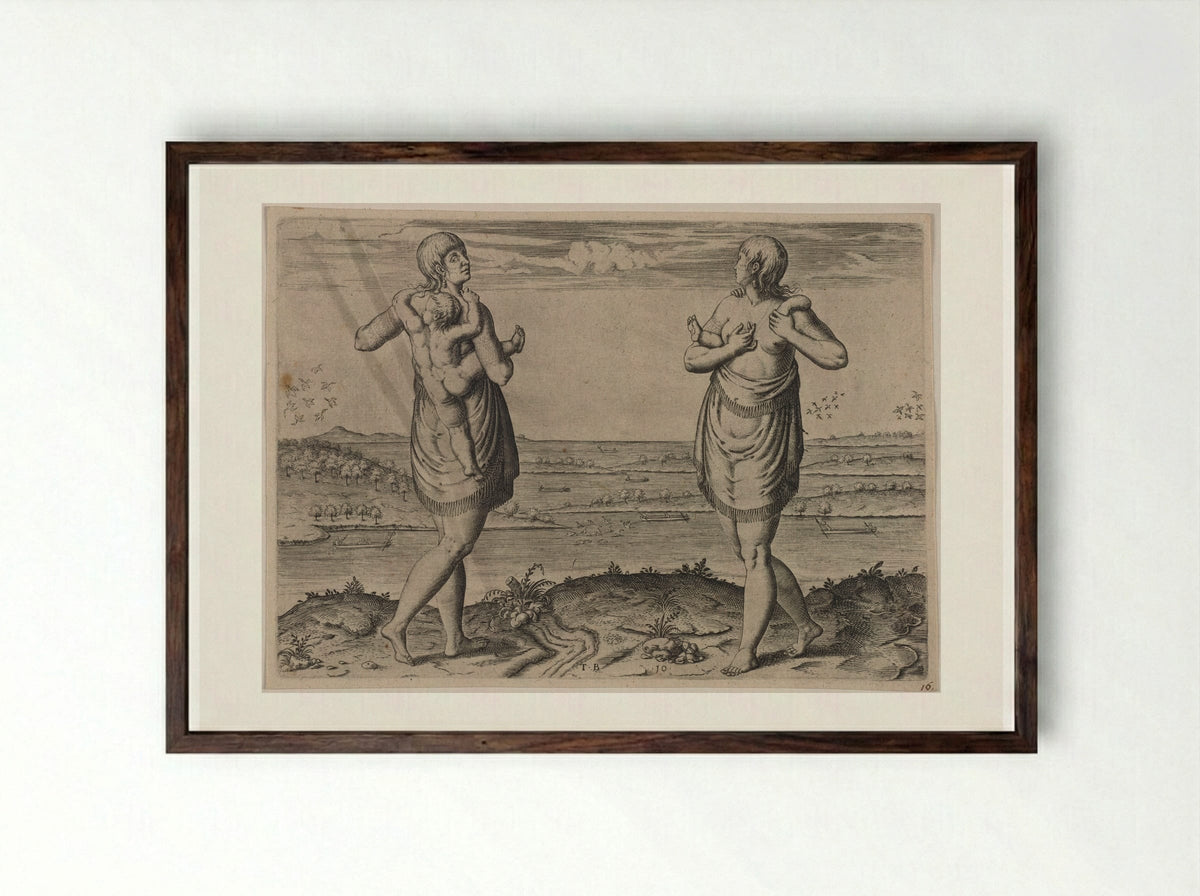 Their Manner of Carrying their Children - Theodor de Bry - Framed Print Dark Wood