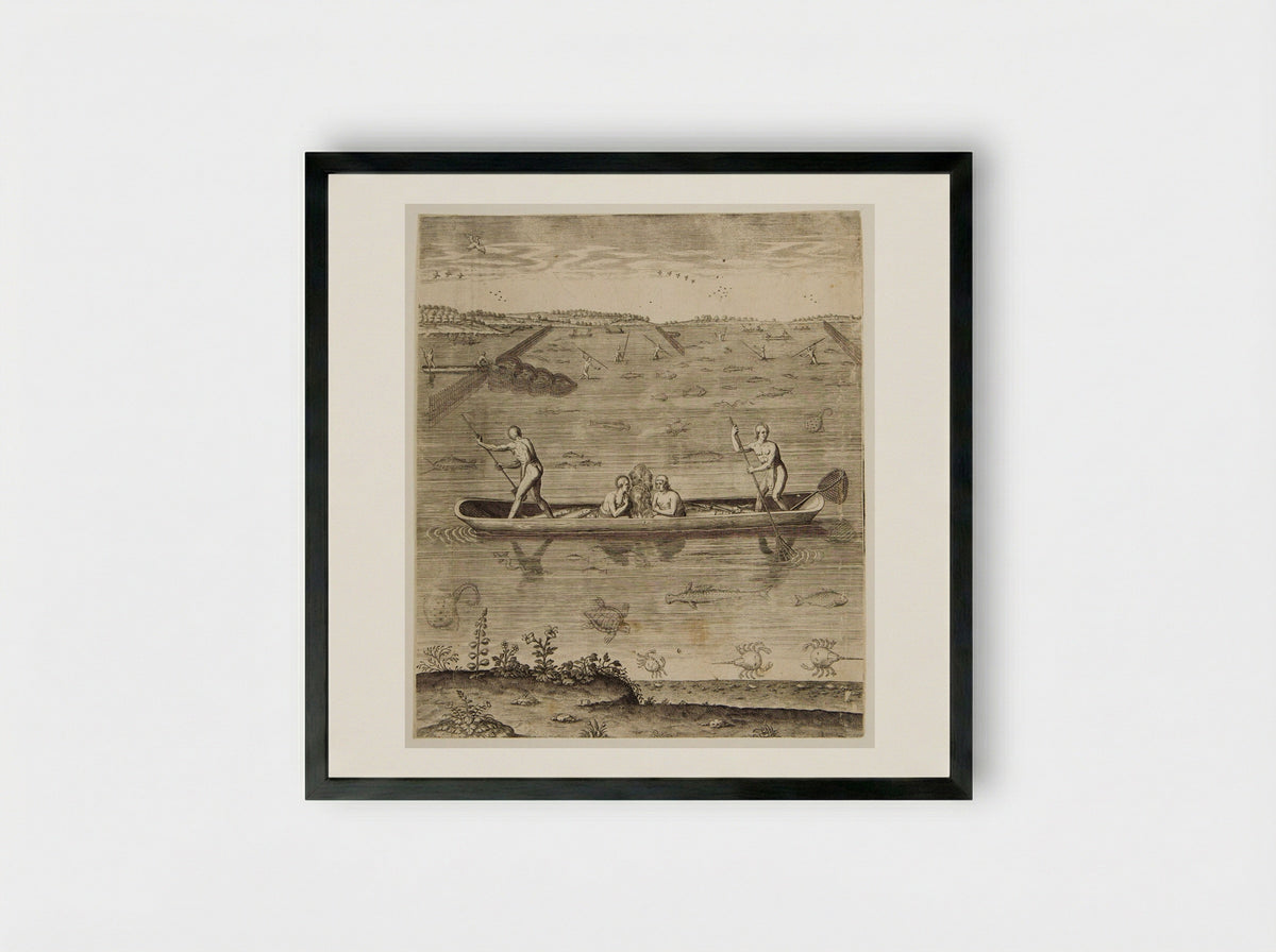 Their Manner of Fishing in Virginia - Theodor de Bry - Framed Print Black