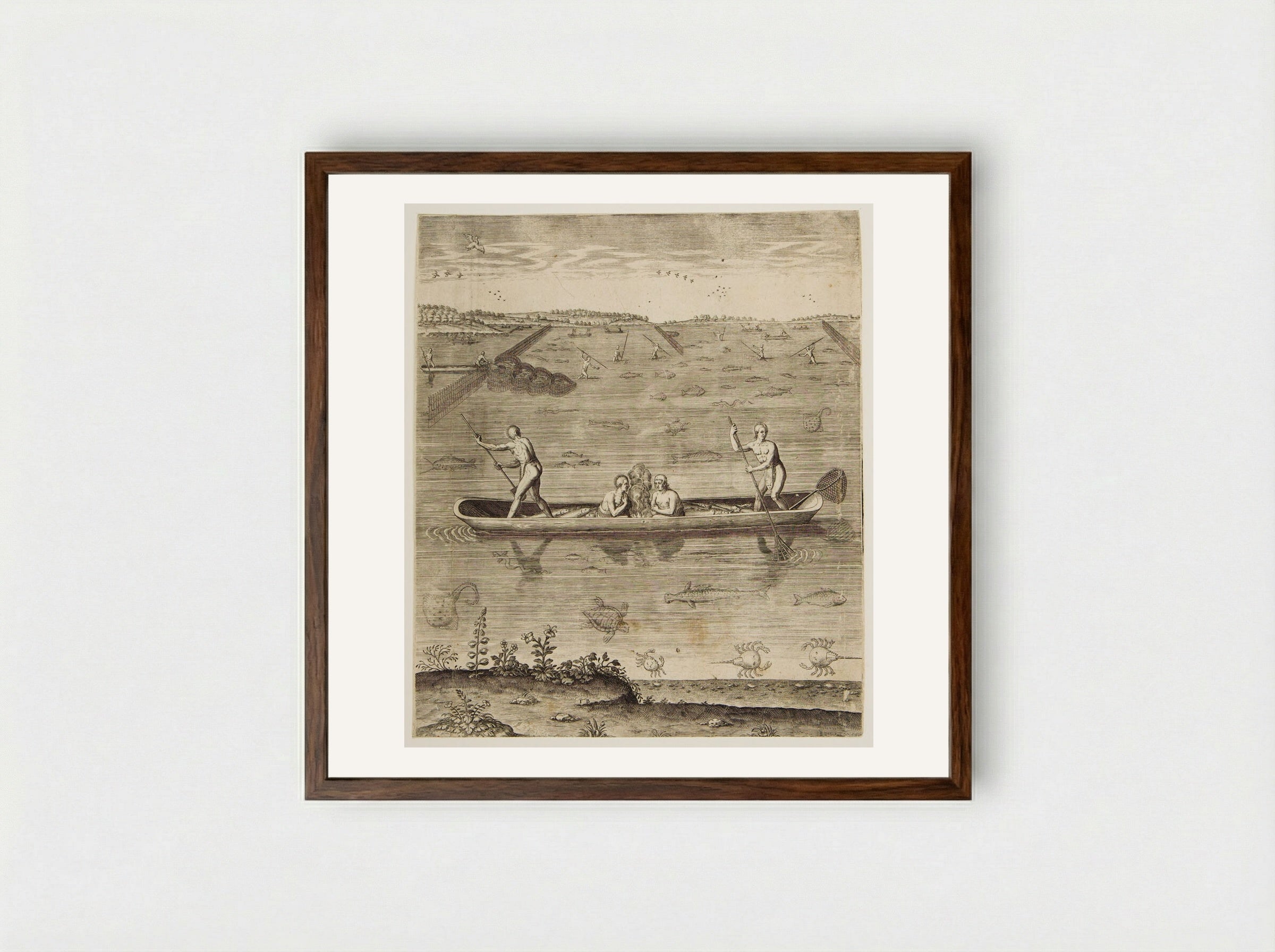 Their Manner of Fishing in Virginia - Theodor de Bry - Framed Print Dark Wood