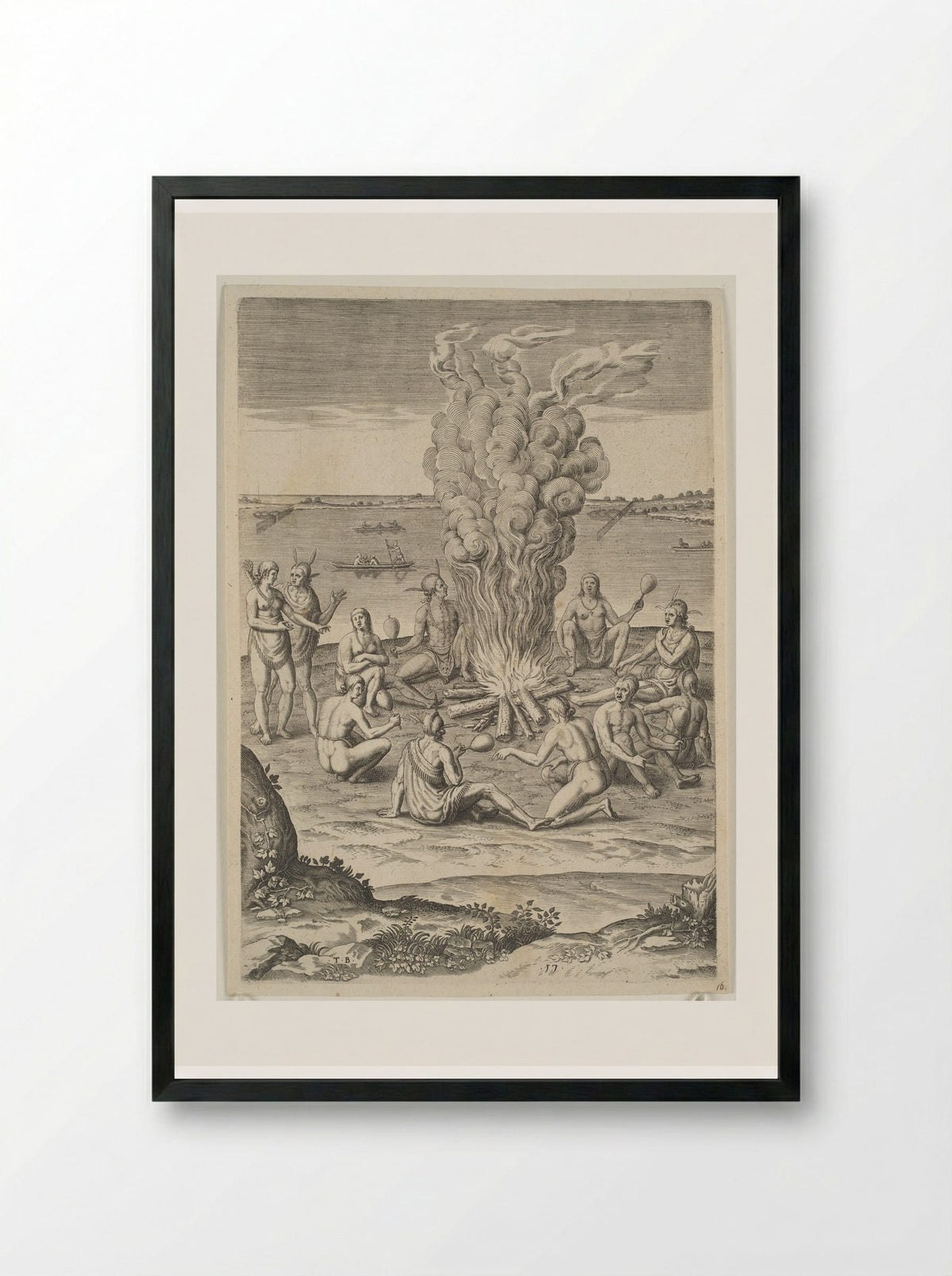 Their Manner of Praying with Rattles about the Fire - Theodor de Bry - Framed Print Black