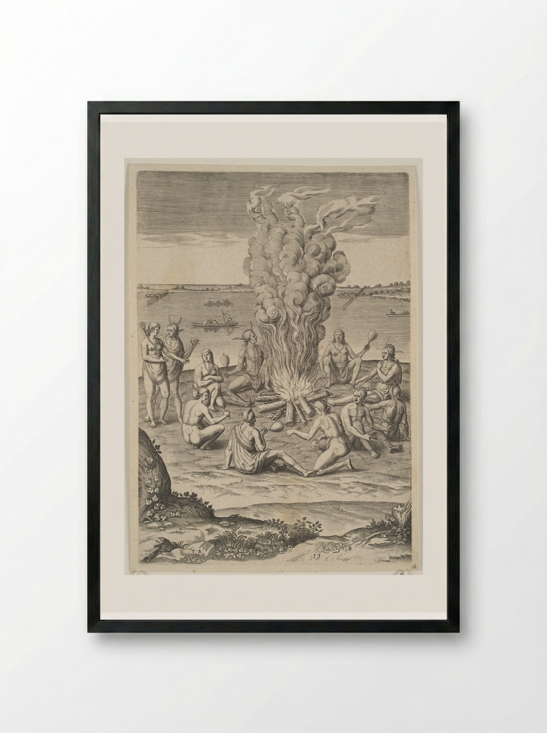 Their Manner of Praying with Rattles about the Fire - Theodor de Bry - Framed Print Black
