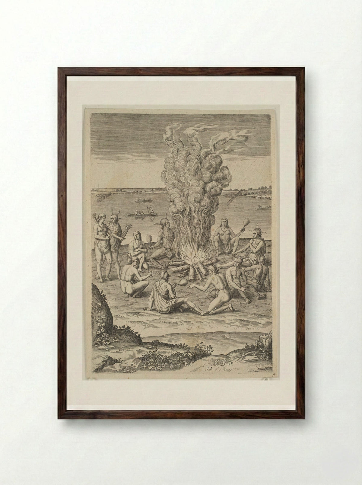 Their Manner of Praying with Rattles about the Fire - Theodor de Bry - Framed Print Dark Wood