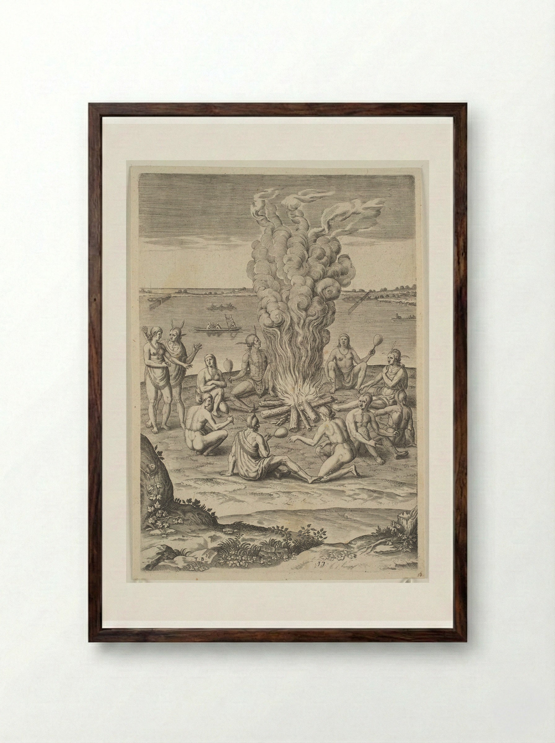 Their Manner of Praying with Rattles about the Fire - Theodor de Bry - Framed Print Dark Wood