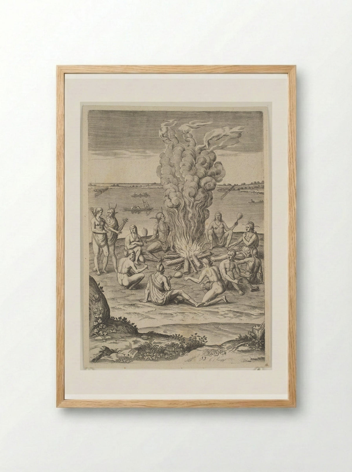 Their Manner of Praying with Rattles about the Fire - Theodor de Bry - Framed Print Wood