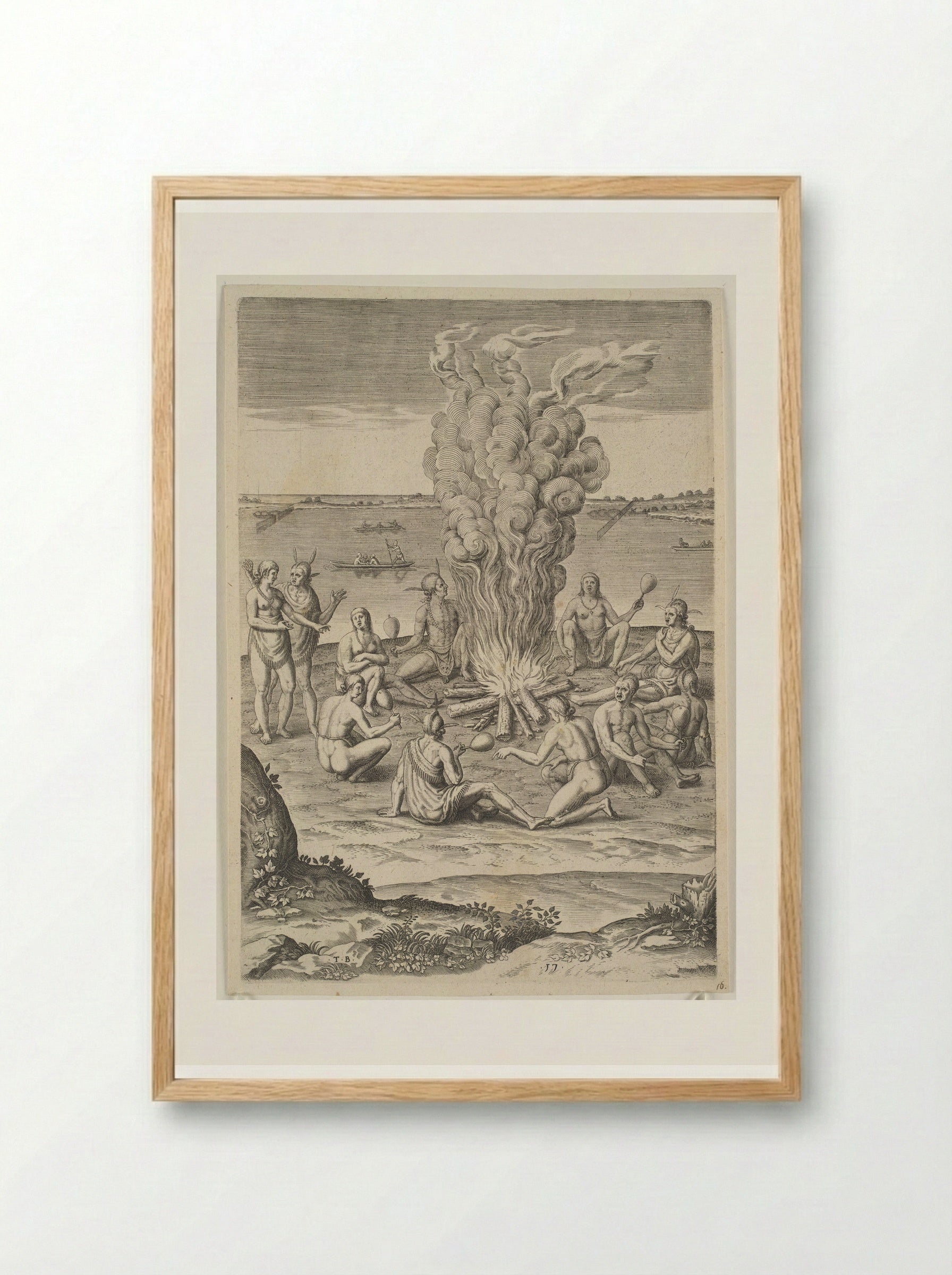Their Manner of Praying with Rattles about the Fire - Theodor de Bry - Framed Print Wood