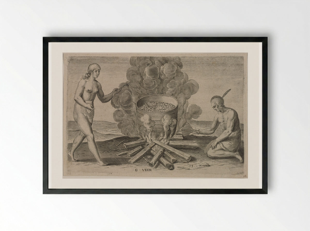 Their Seething of their Meat in Earthen Pots - Theodor de Bry - Framed Print Black