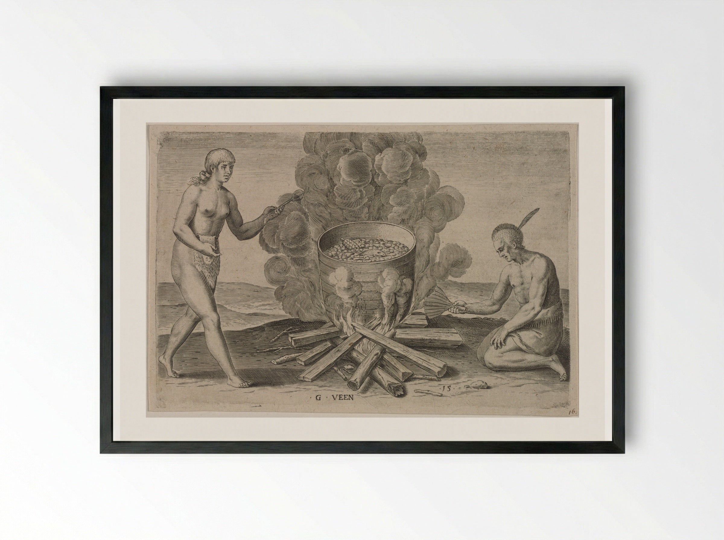 Their Seething of their Meat in Earthen Pots - Theodor de Bry - Framed Print Black