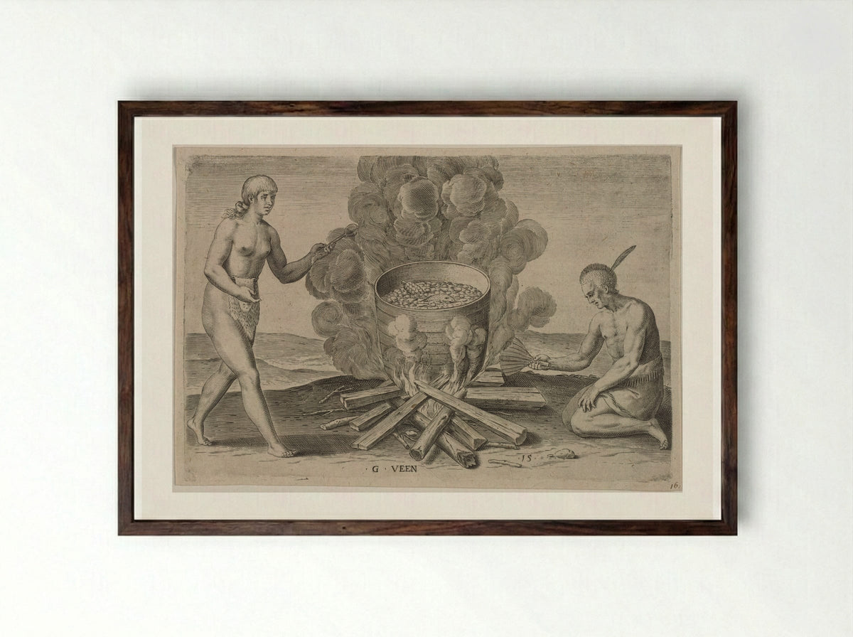 Their Seething of their Meat in Earthen Pots - Theodor de Bry - Framed Print Dark Wood