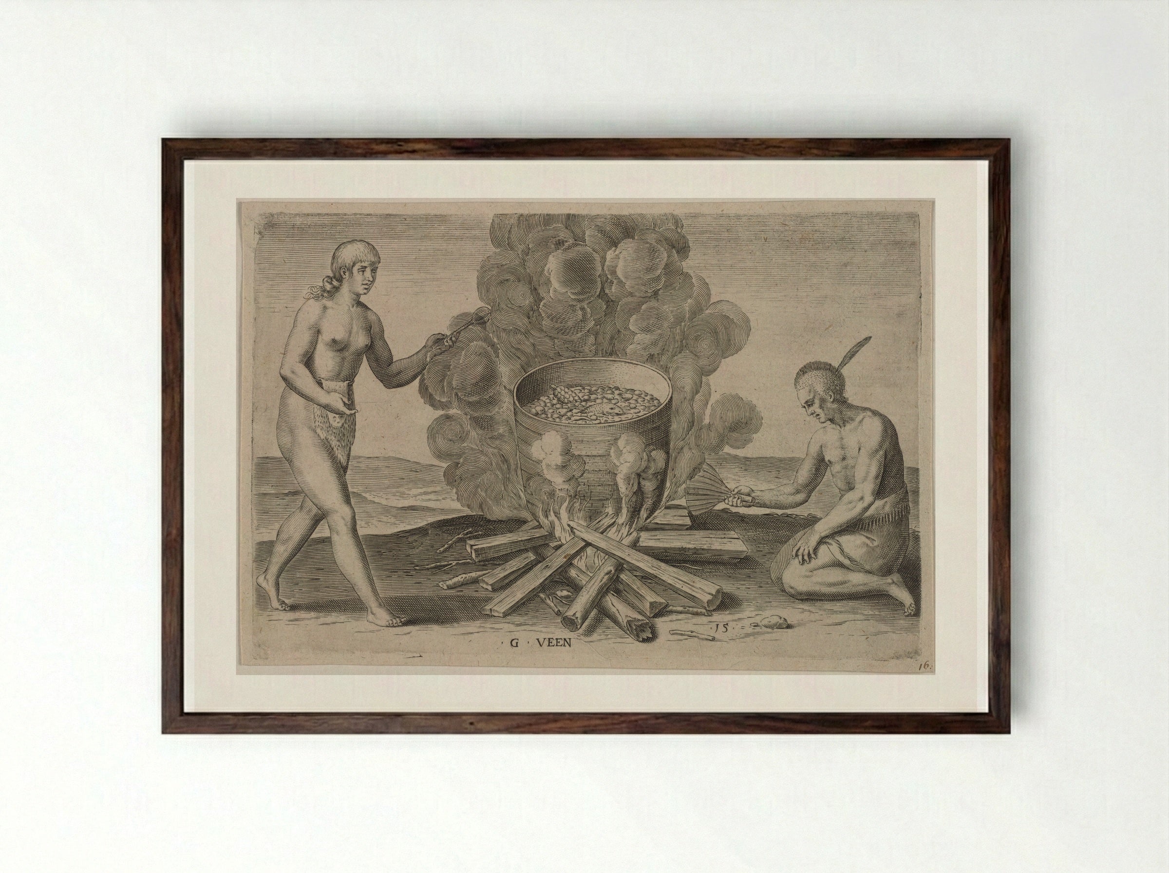 Their Seething of their Meat in Earthen Pots - Theodor de Bry - Framed Print Dark Wood