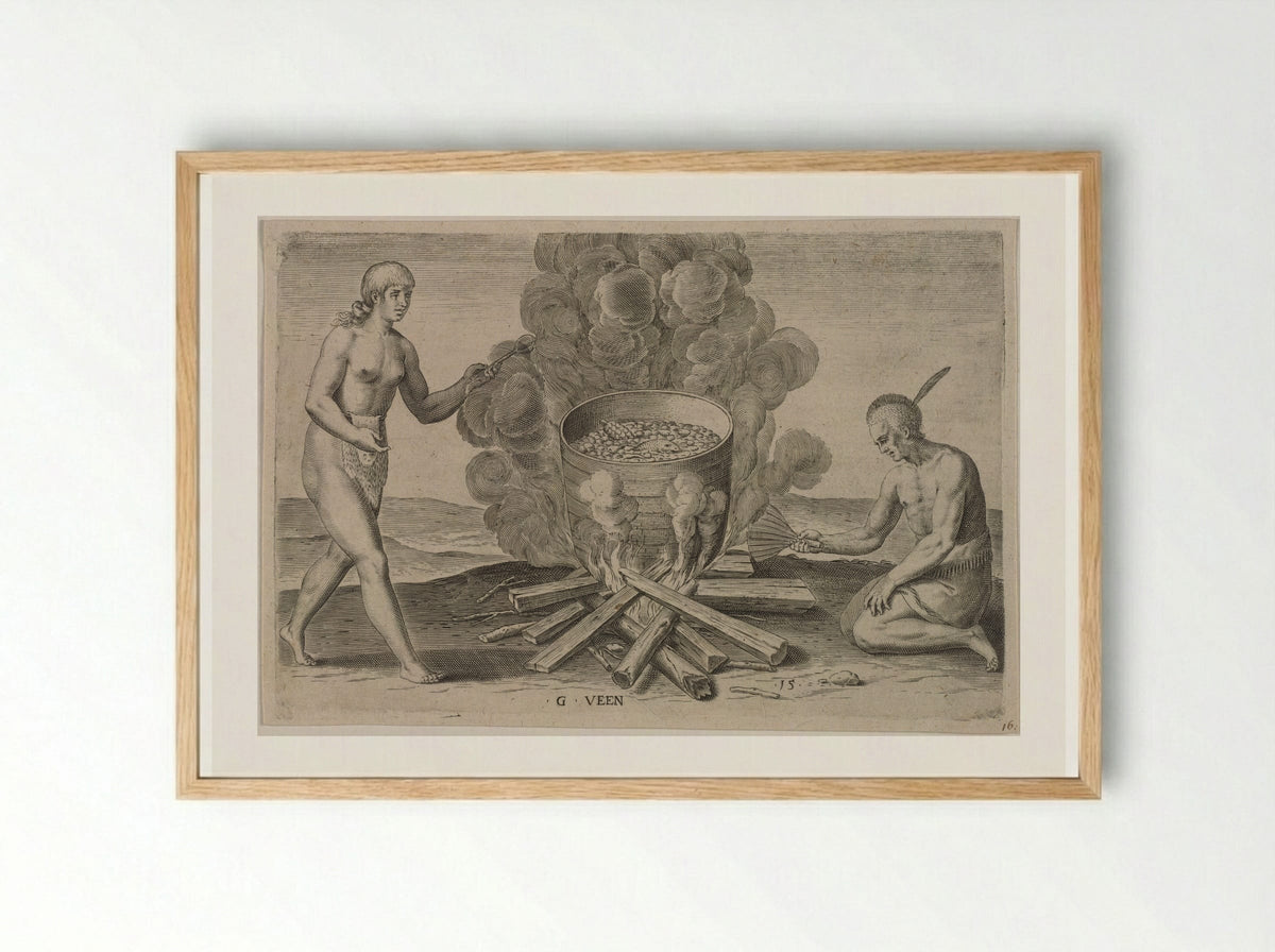 Their Seething of their Meat in Earthen Pots - Theodor de Bry - Framed Print Wood