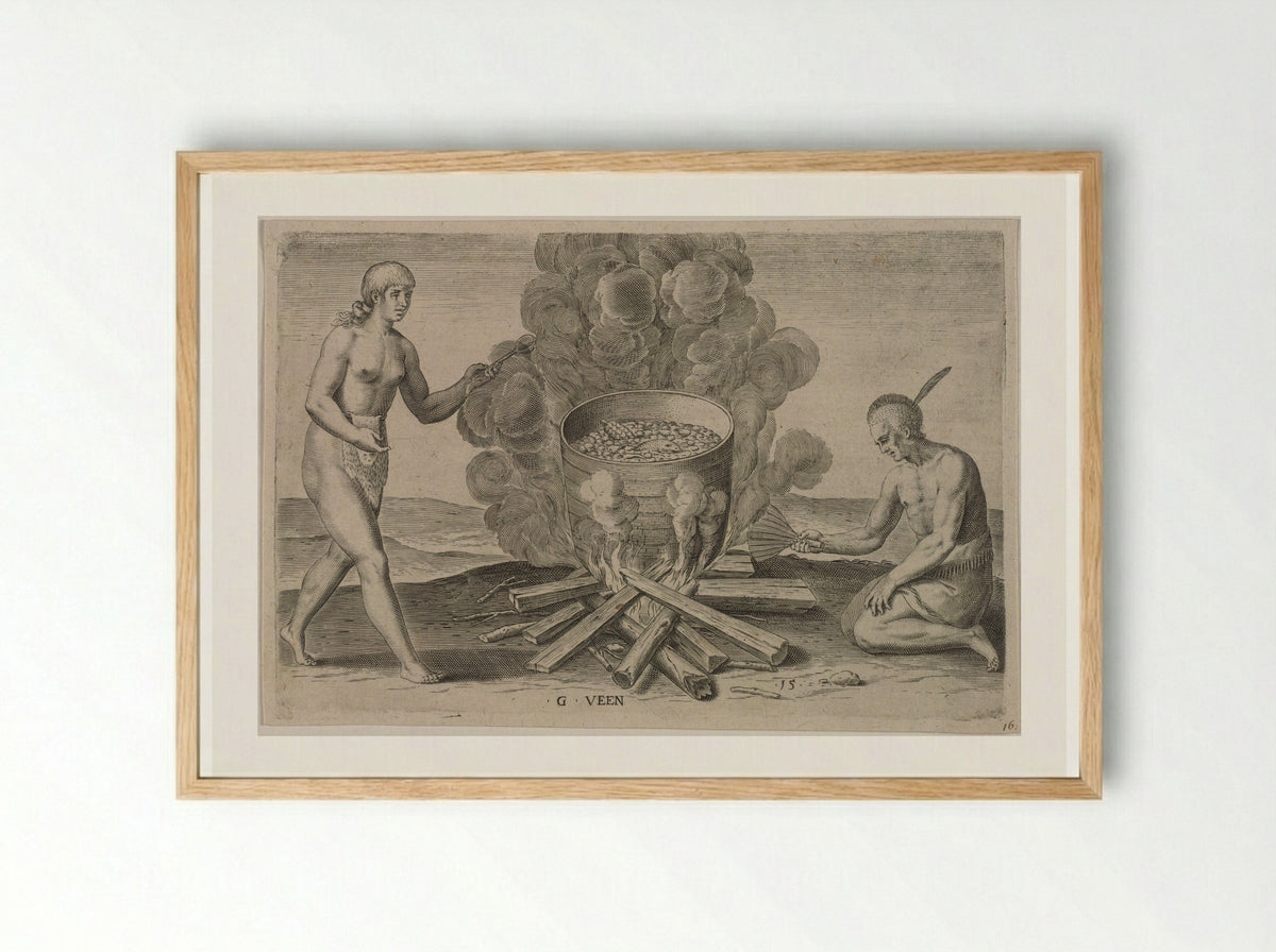 Their Seething of their Meat in Earthen Pots - Theodor de Bry - Framed Print Wood