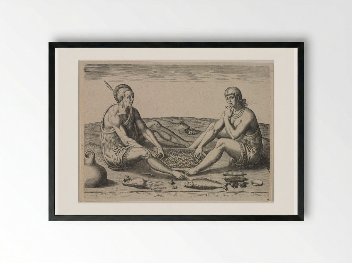 Their Sitting at Meat - Theodor de Bry - Framed Print Black