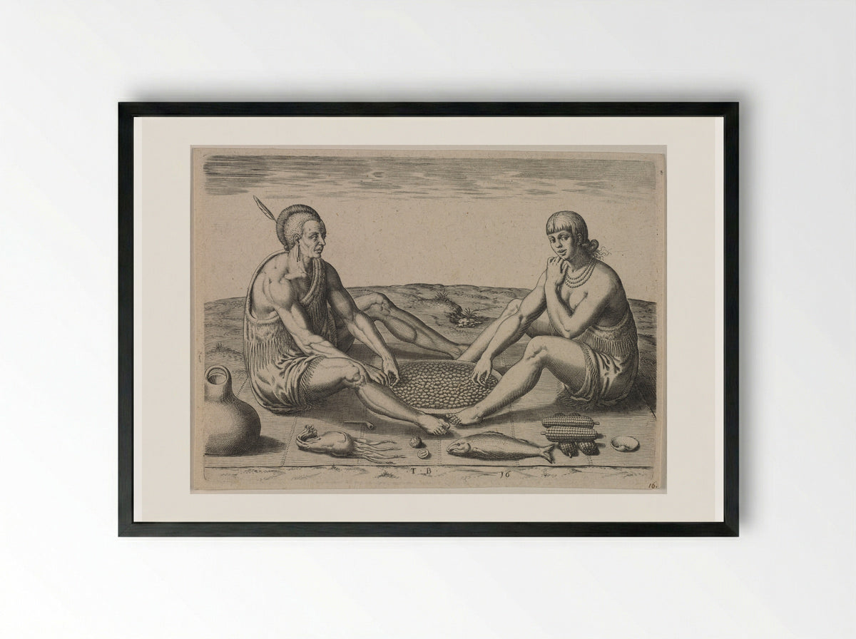 Their Sitting at Meat - Theodor de Bry - Framed Print Black
