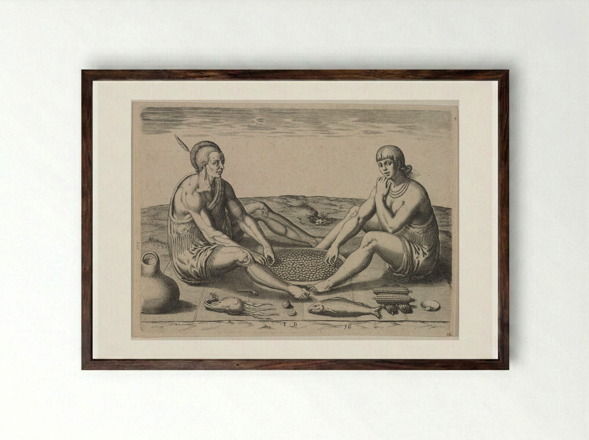 Their Sitting at Meat - Theodor de Bry - Framed Print Dark Wood