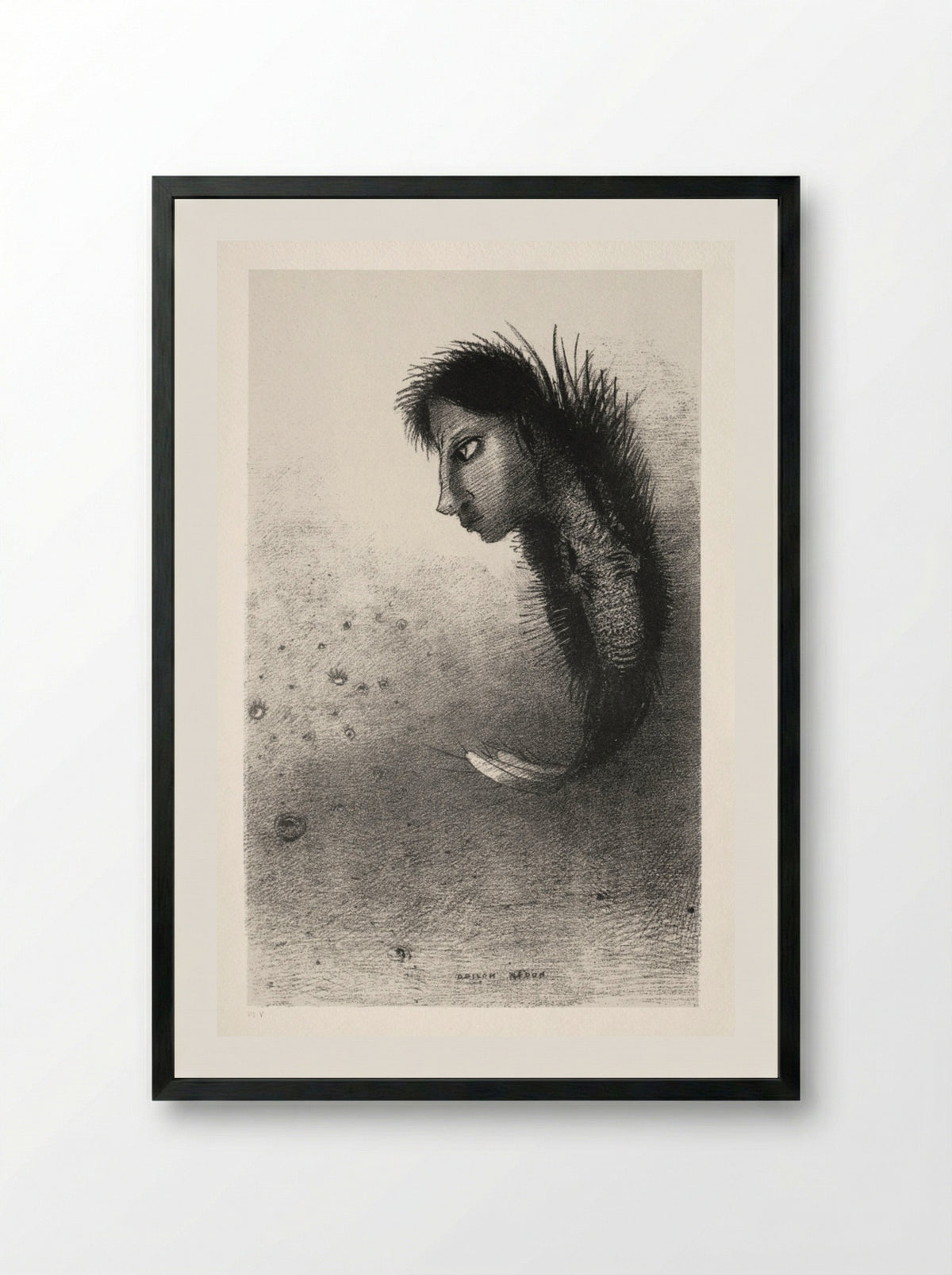 Then There Appears a Singular Being, Having the Head of a Man on the Body of a Fish - Odilon Redon - Framed Print Black