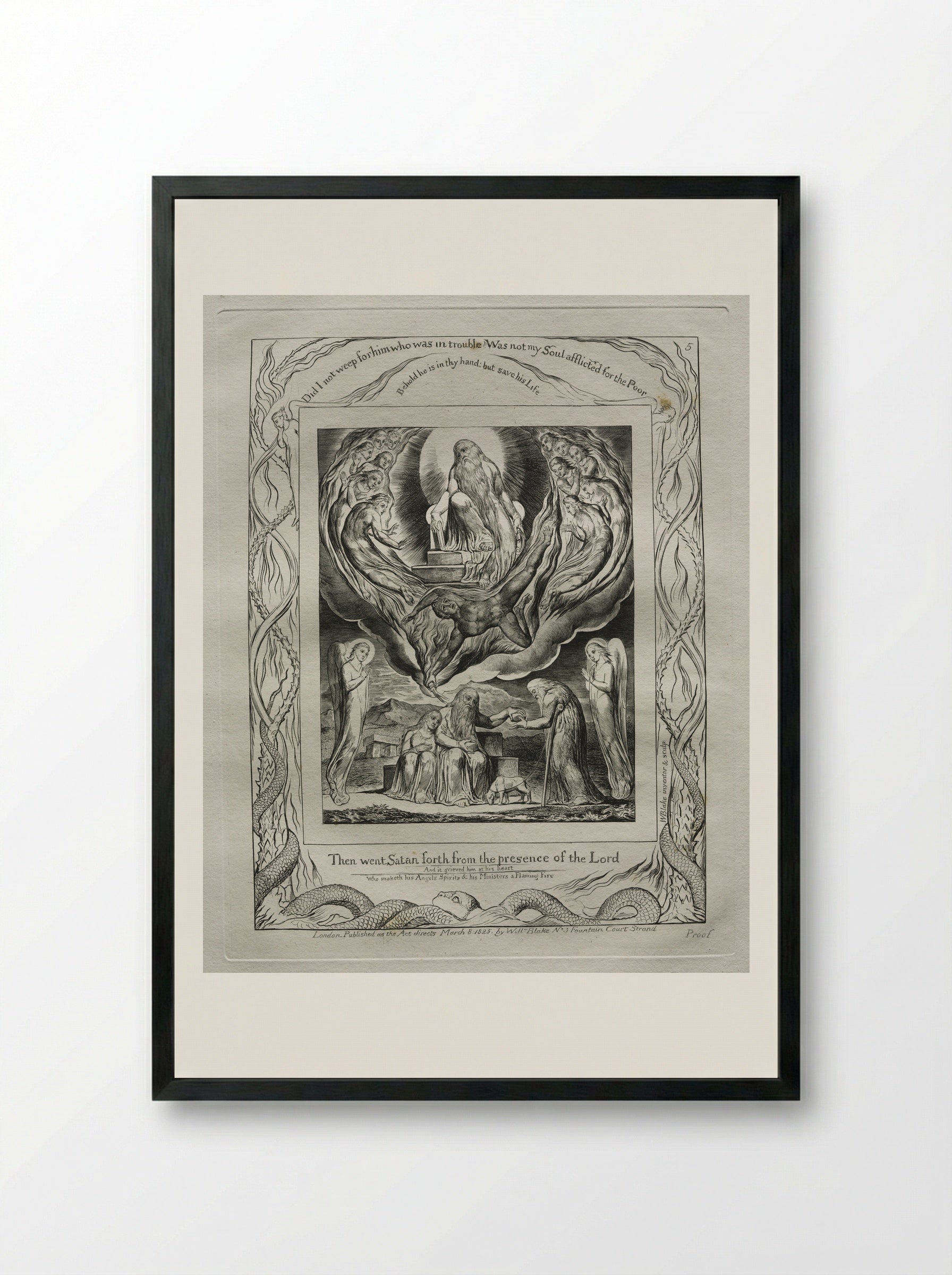 Then Went Satan Forth from the Presence of the Lord - William Blake - Framed Print Black