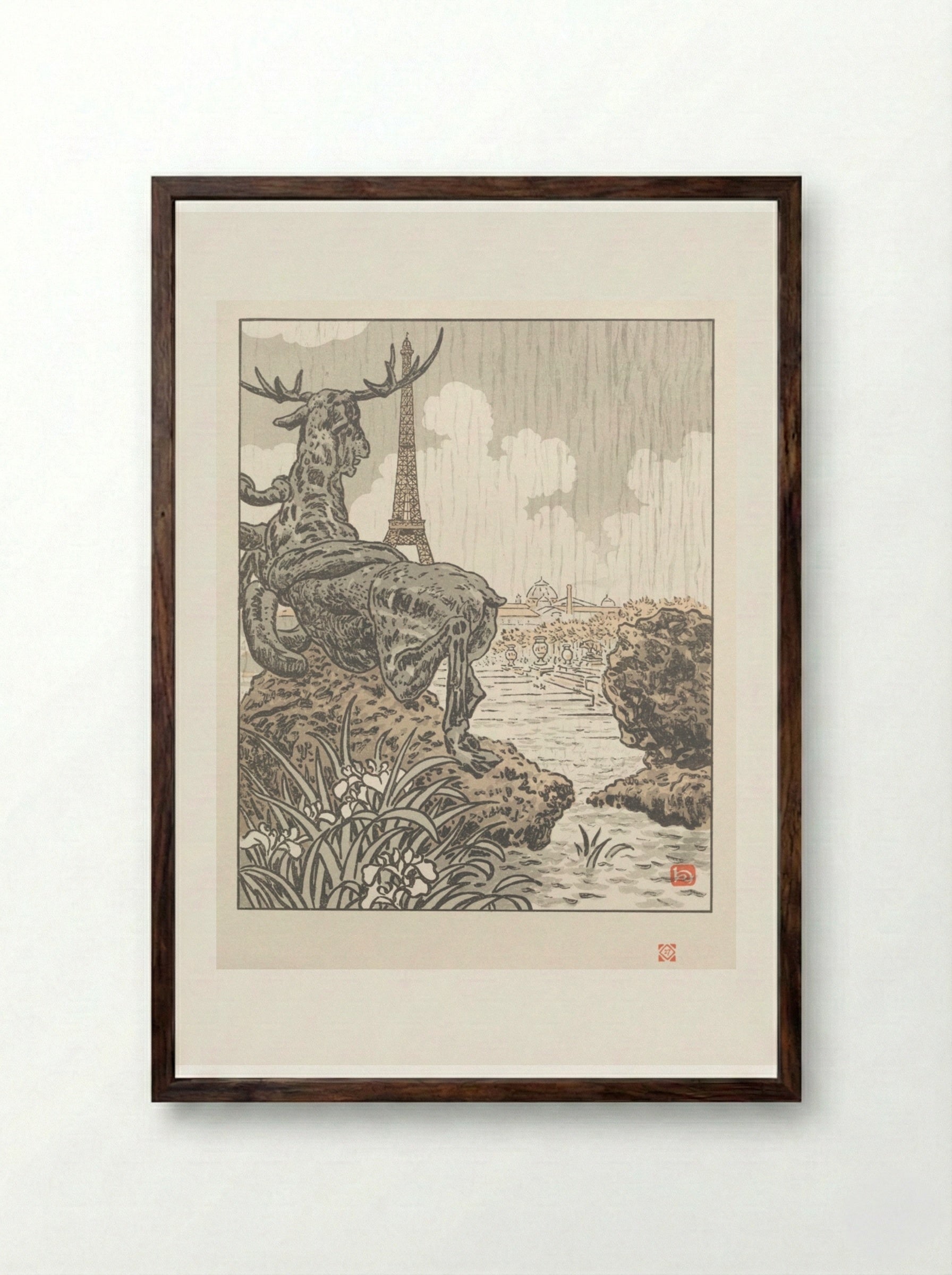 Thirty-Six Views of the Eiffel Tower: From Behind Frémiet's Elk (Trocadero) - Henri Rivière - Framed Print Dark Wood