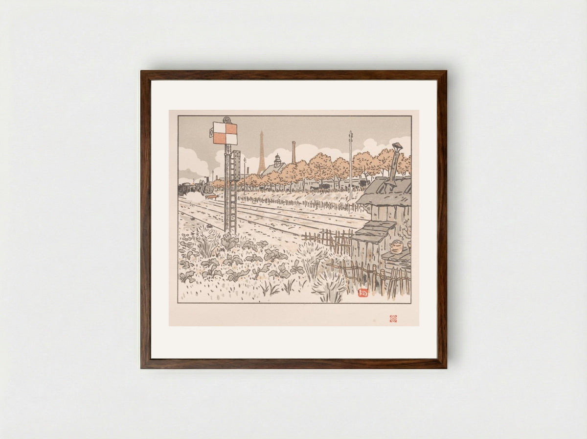 Thirty-Six Views of the Eiffel Tower: From the Quai de Javel (Switchman's Shanty) - Henri Rivière - Framed Print Dark Wood