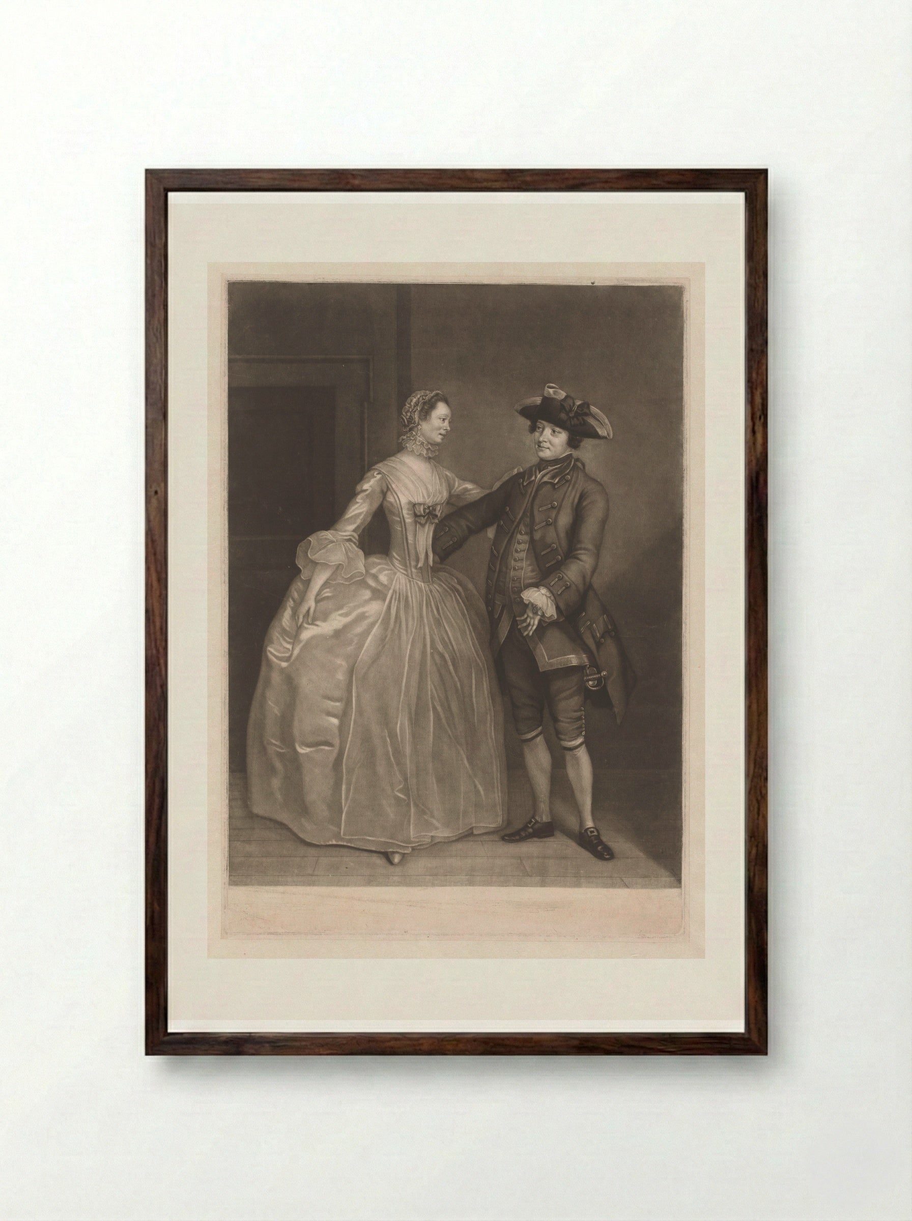 Thomas Lowe and Mrs. Chambers as Captain Macheath and Polly - James McArdell - Framed Print Dark Wood