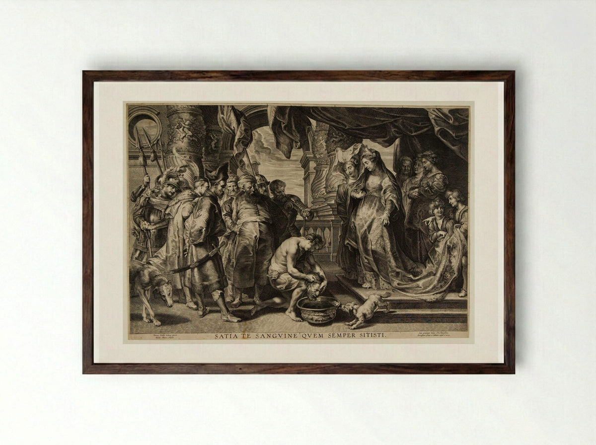 Thomyris Causing the Head of Cyrus to be Immersed in Blood - Paulus Pontius - Framed Print Dark Wood