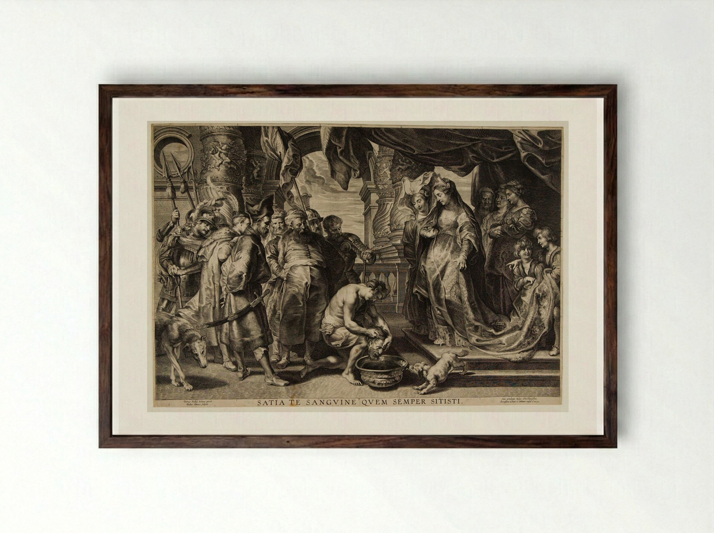 Thomyris Causing the Head of Cyrus to be Immersed in Blood - Paulus Pontius - Framed Print Dark Wood