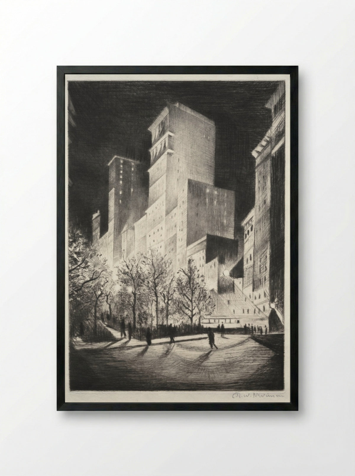 Three AM: A Corner by Madison Avenue - Christopher Nevinson - Framed Print Black