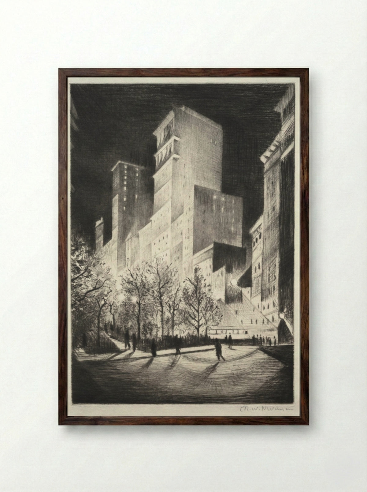 Three AM: A Corner by Madison Avenue - Christopher Nevinson - Framed Print Dark Wood