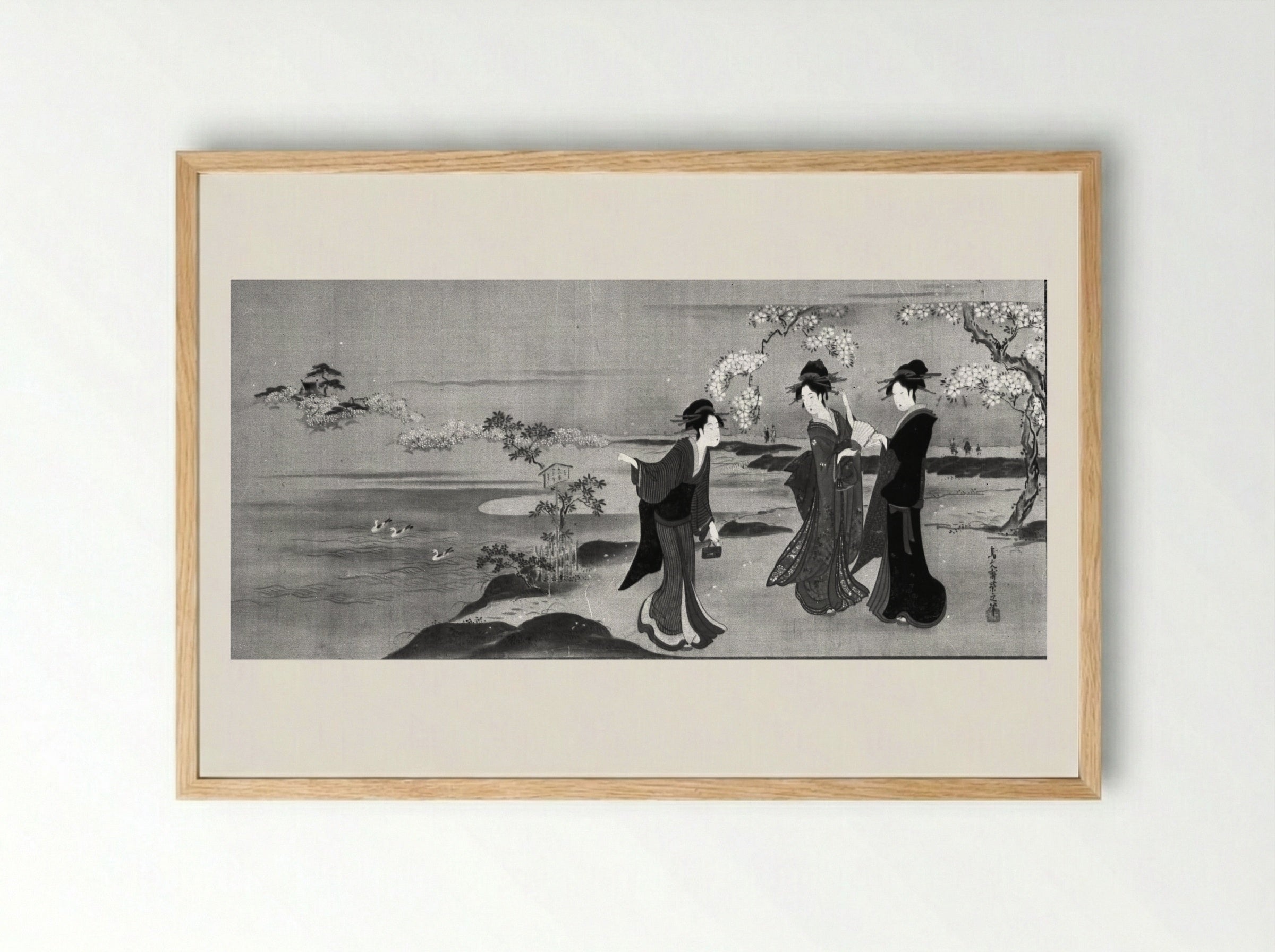 Three Beauties Viewing Cherry Blossoms - Chōbunsai Eishi - Framed Print Wood