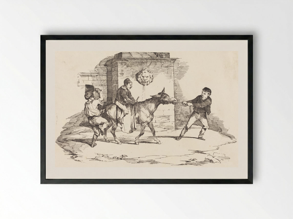 Three Children Playing with a Donkey - Théodore Géricault - Framed Print Black