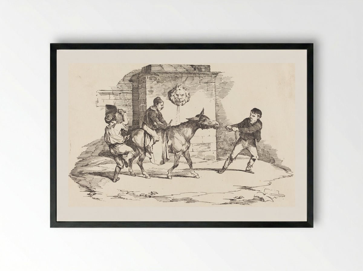 Three Children Playing with a Donkey - Théodore Géricault - Framed Print Black