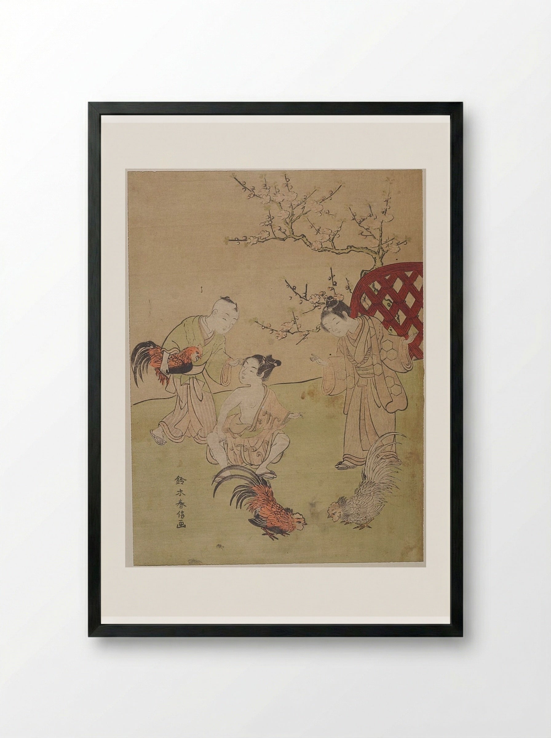 Three Children with Three Fighting Cocks - Suzuki Harunobu - Framed Print Black