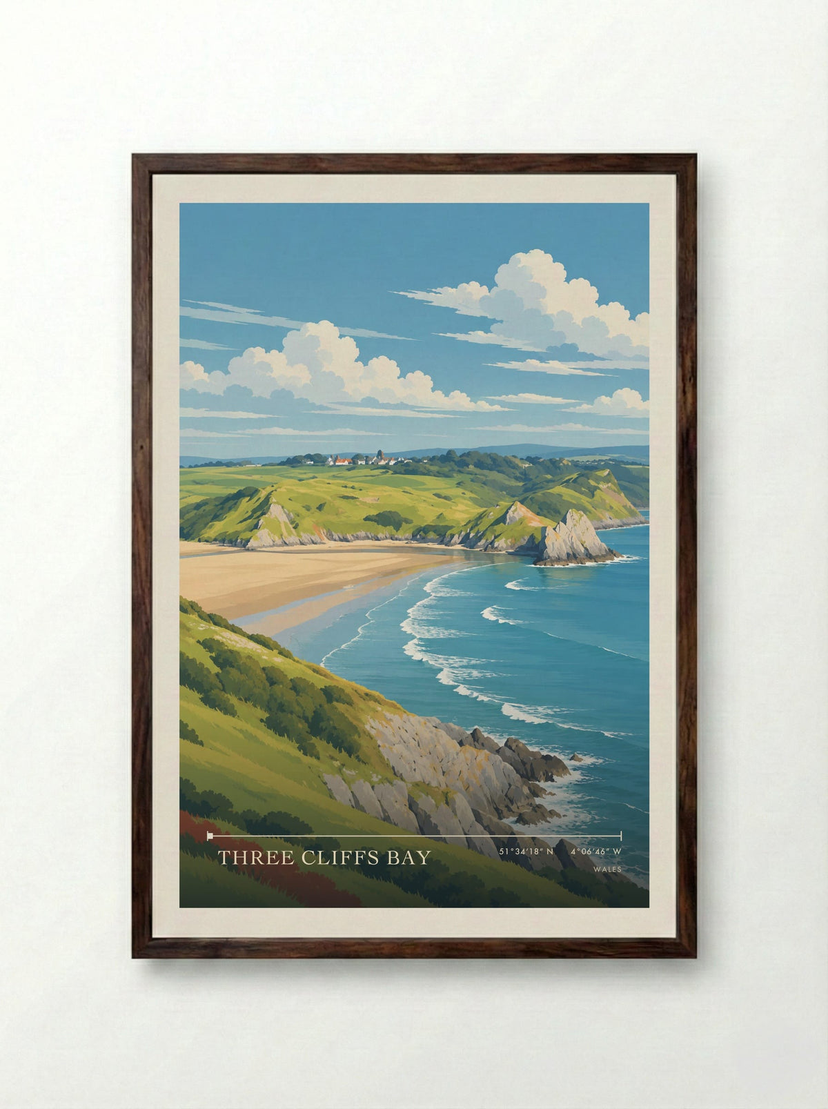 Three Cliffs Bay | Travel Poster - Framed Print Dark Wood