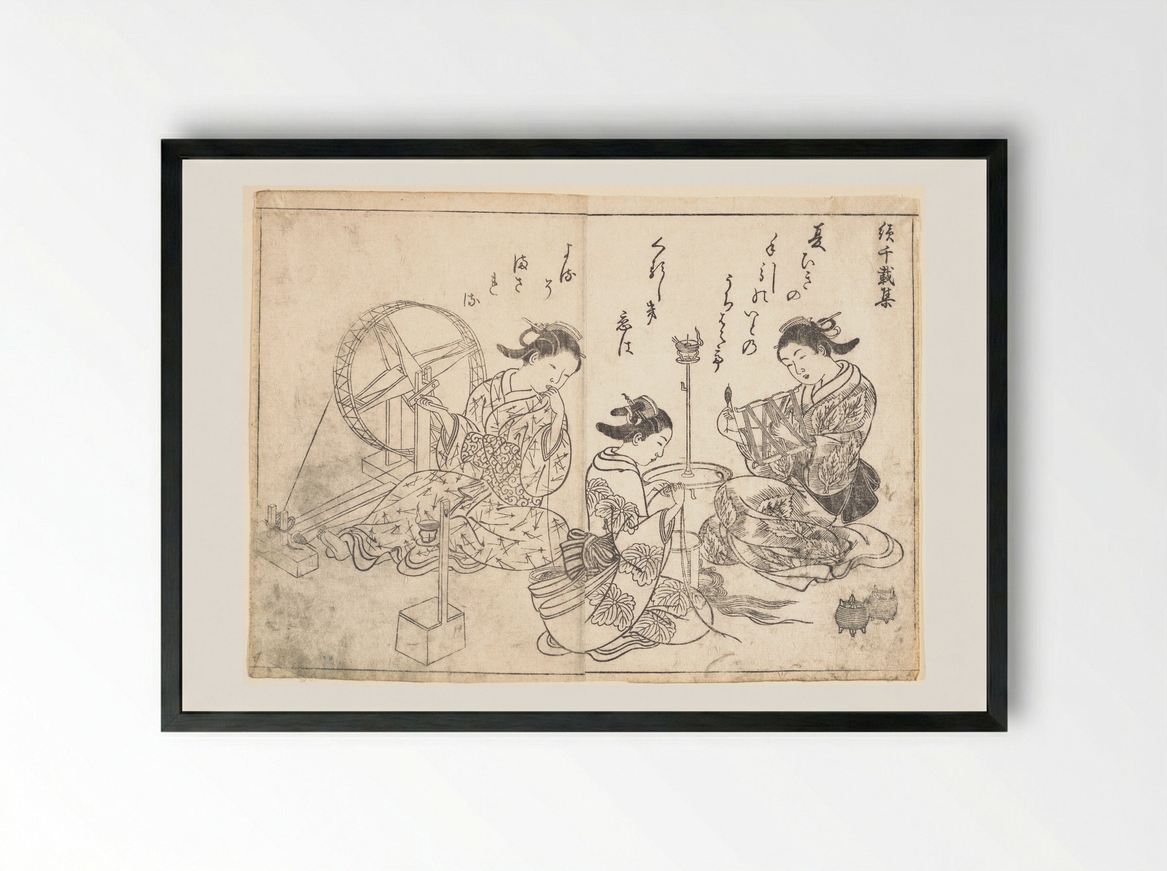 Three Courtesans Weaving Silk - Nishikawa Sukenobu - Framed Print Black
