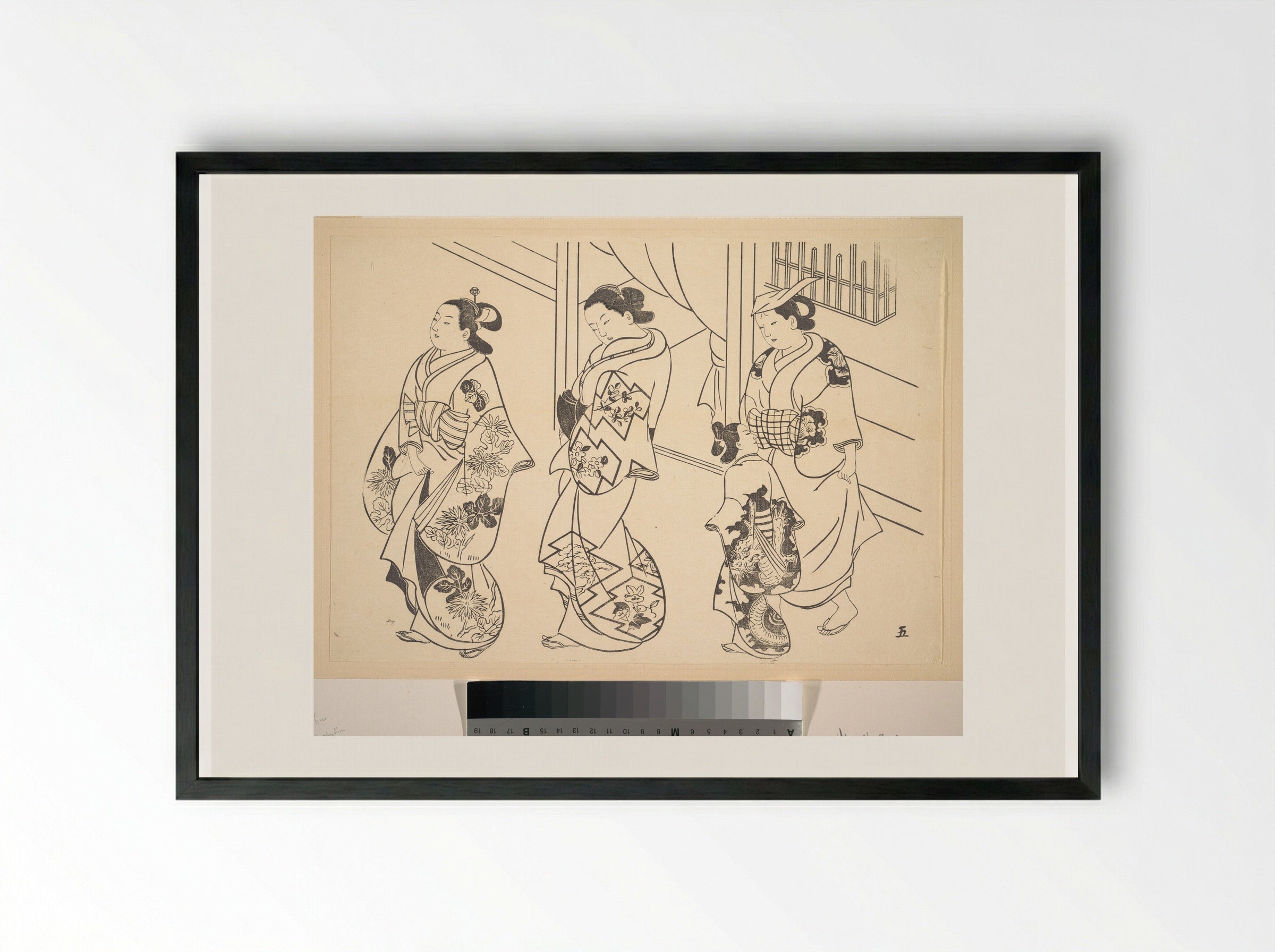 Three Courtesans and a Kamuro Strolling in the Street - Okumura Masanobu - Framed Print Black