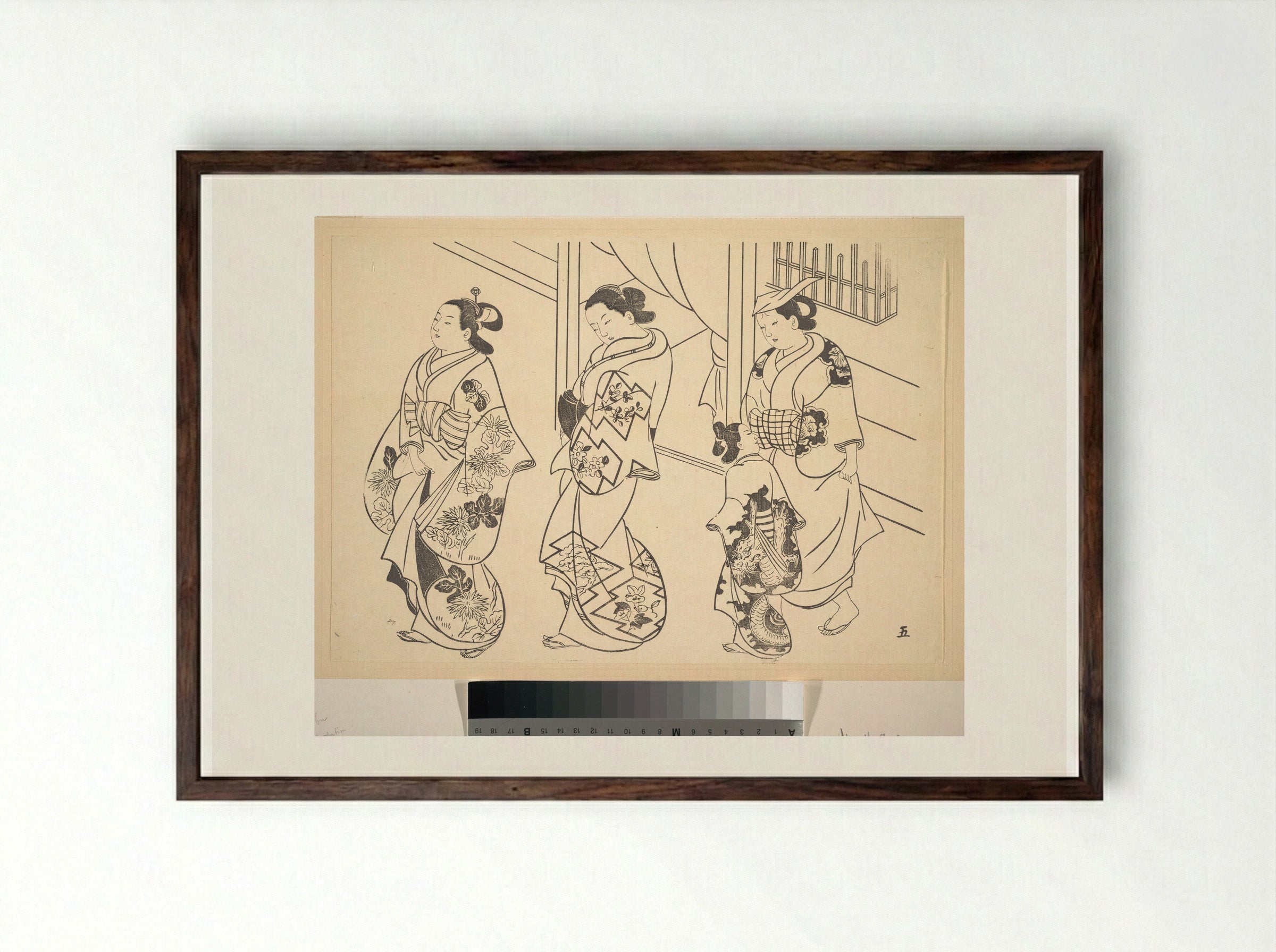 Three Courtesans and a Kamuro Strolling in the Street - Okumura Masanobu - Framed Print Dark Wood