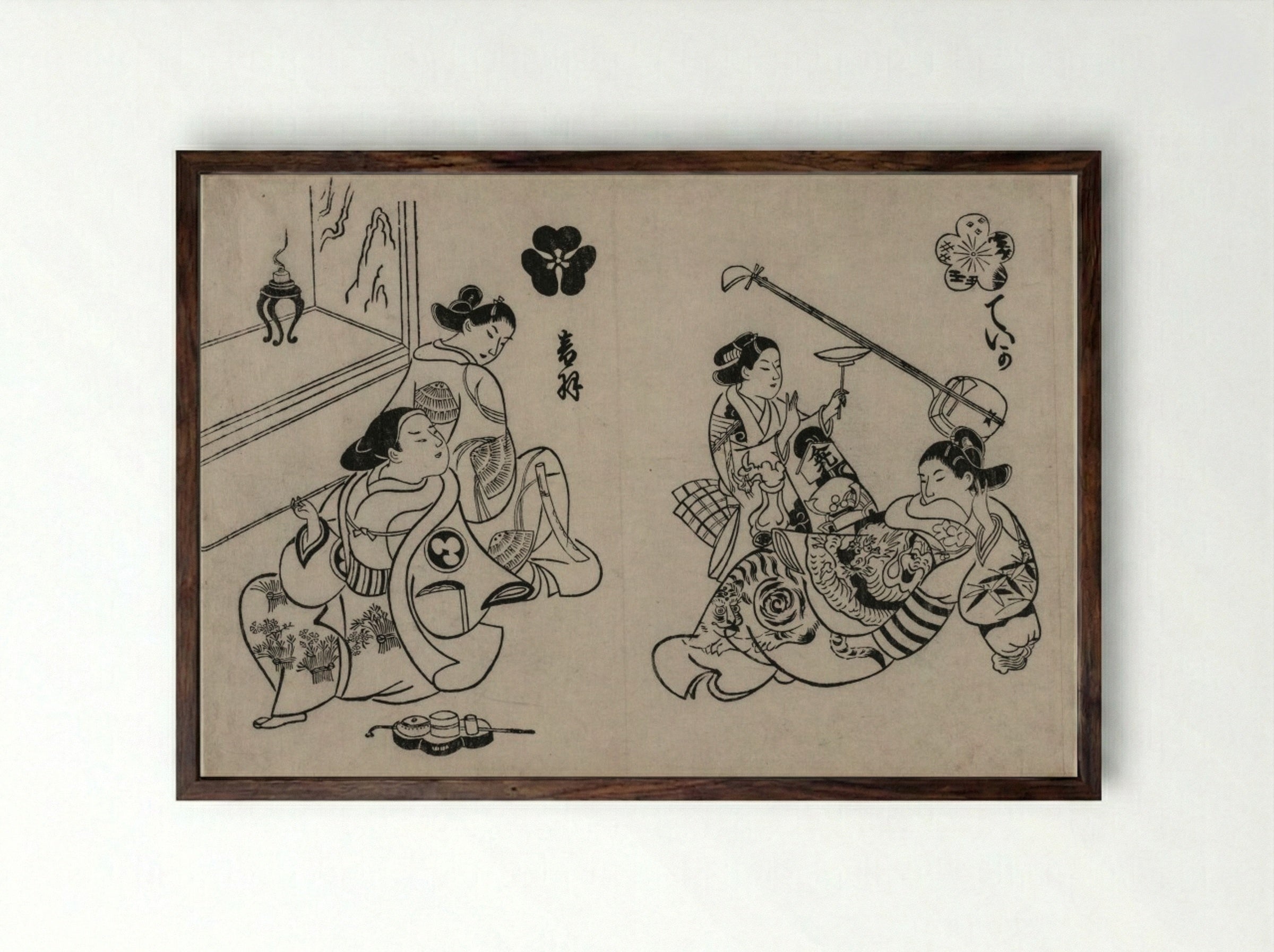 Three Courtesans with a Client - Okumura Masanobu - Framed Print Dark Wood
