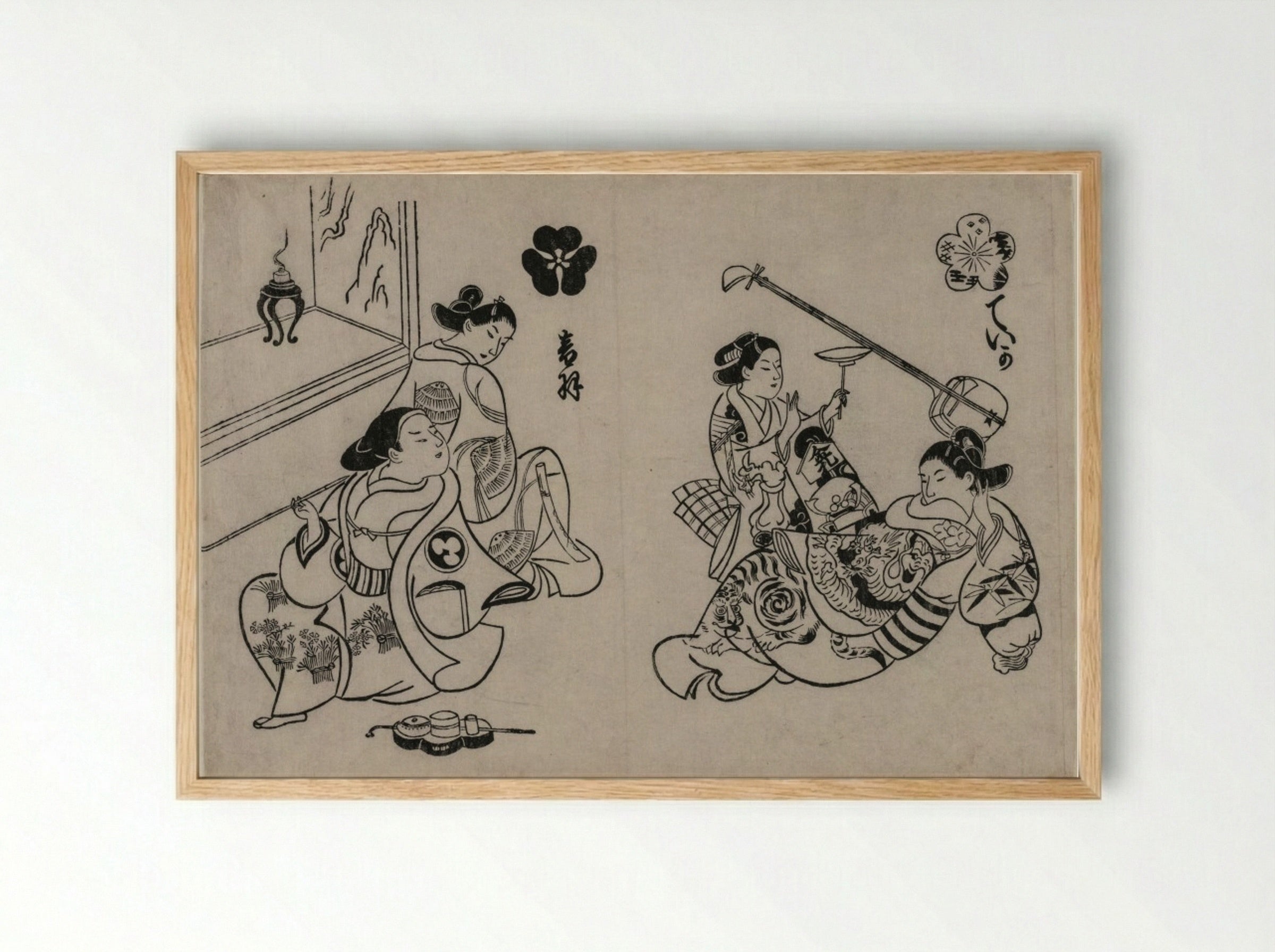 Three Courtesans with a Client - Okumura Masanobu - Framed Print Wood