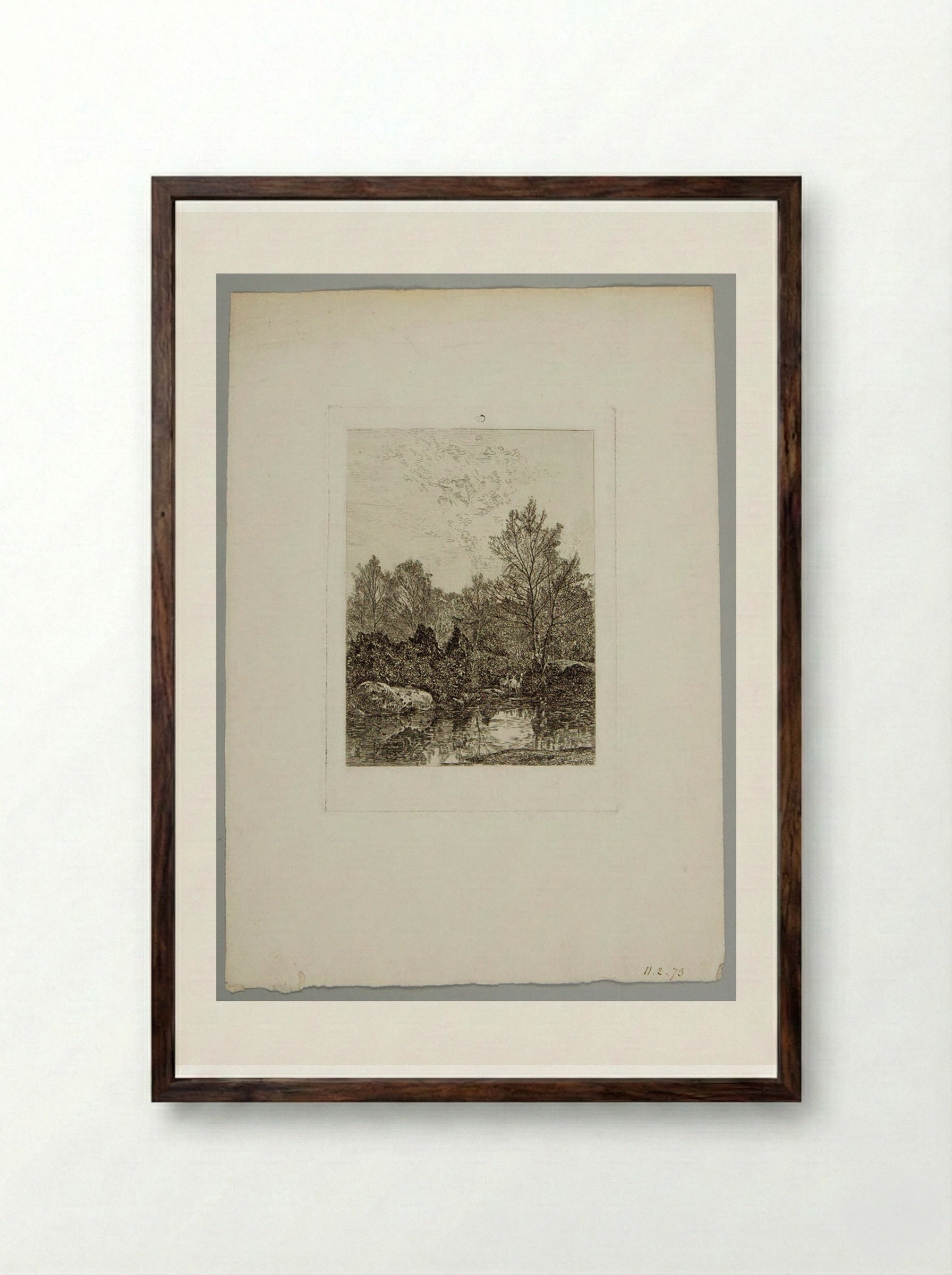Three Deer at a Forest Pool - Karl Bodmer - Framed Print Dark Wood
