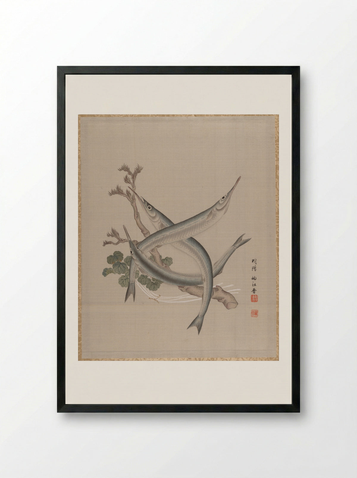 Three Fishes and a Branch - Seki Shūkō - Framed Print Black
