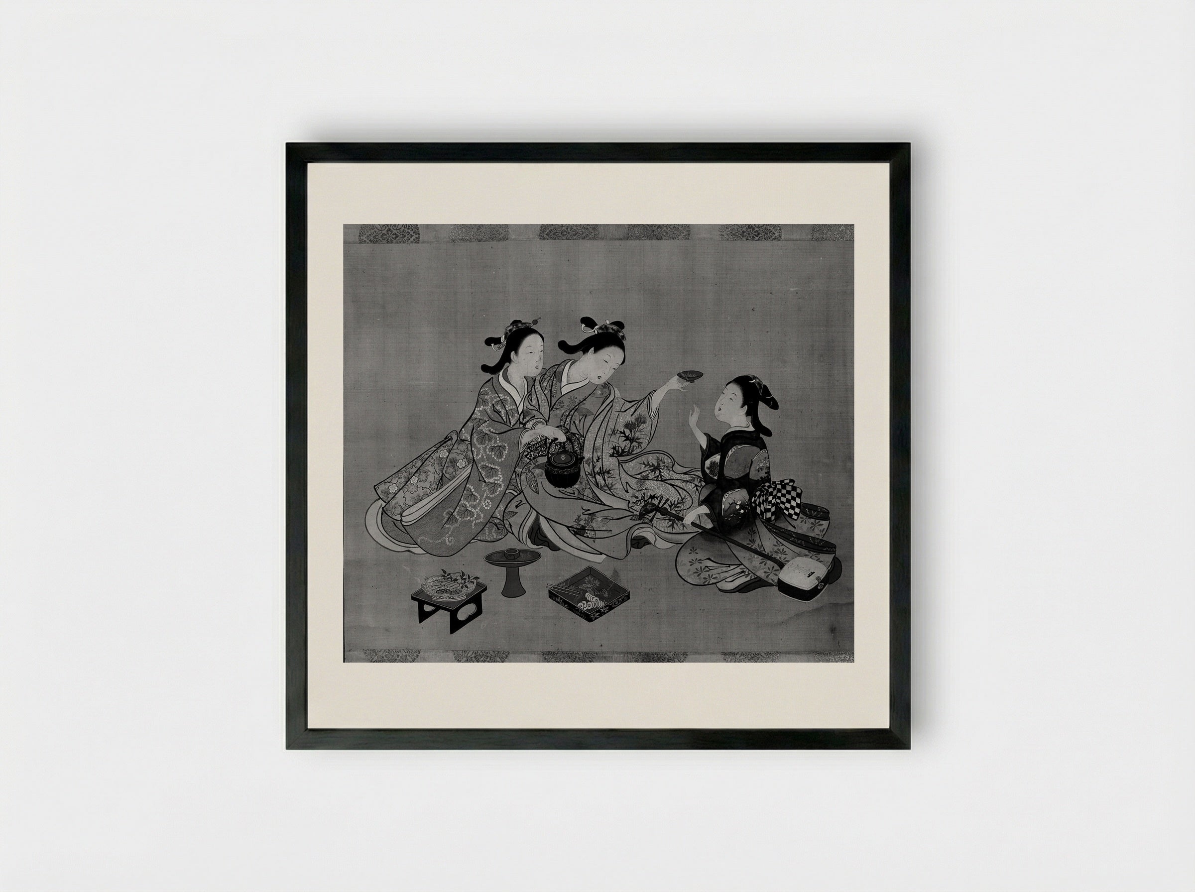 Three Girls Having Tea - Nishikawa Sukenobu - Framed Print Black