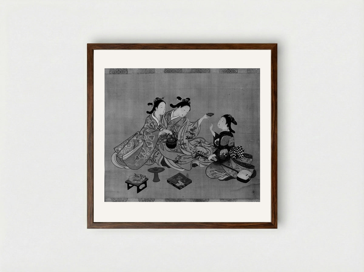Three Girls Having Tea - Nishikawa Sukenobu - Framed Print Dark Wood