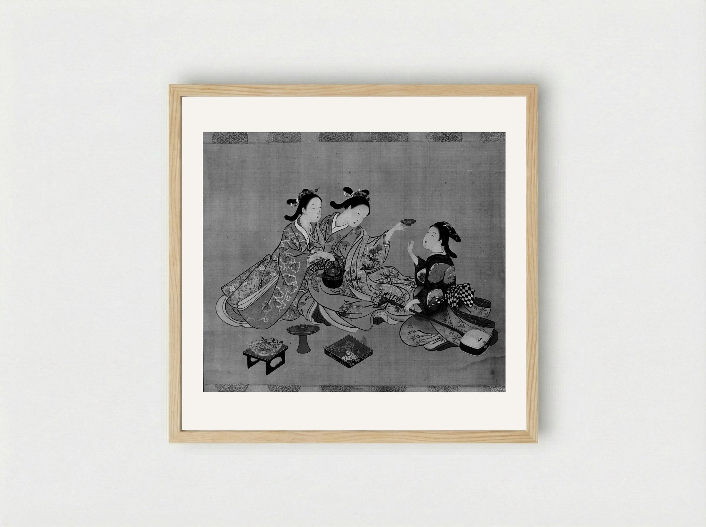 Three Girls Having Tea - Nishikawa Sukenobu - Framed Print Wood