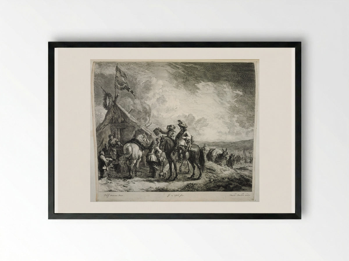 Three Horsemen at the Sutler's Tent - Johannes de Visscher - Framed Print Black