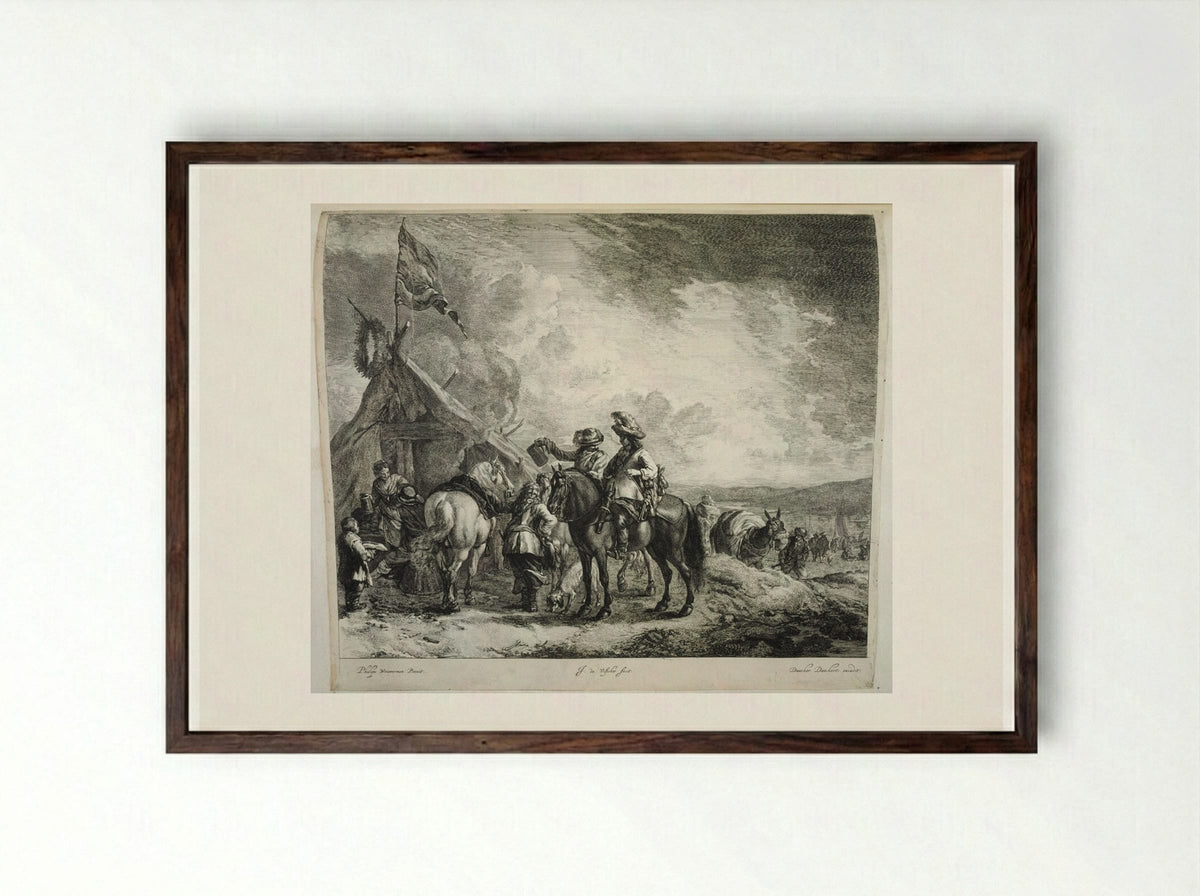 Three Horsemen at the Sutler's Tent - Johannes de Visscher - Framed Print Dark Wood