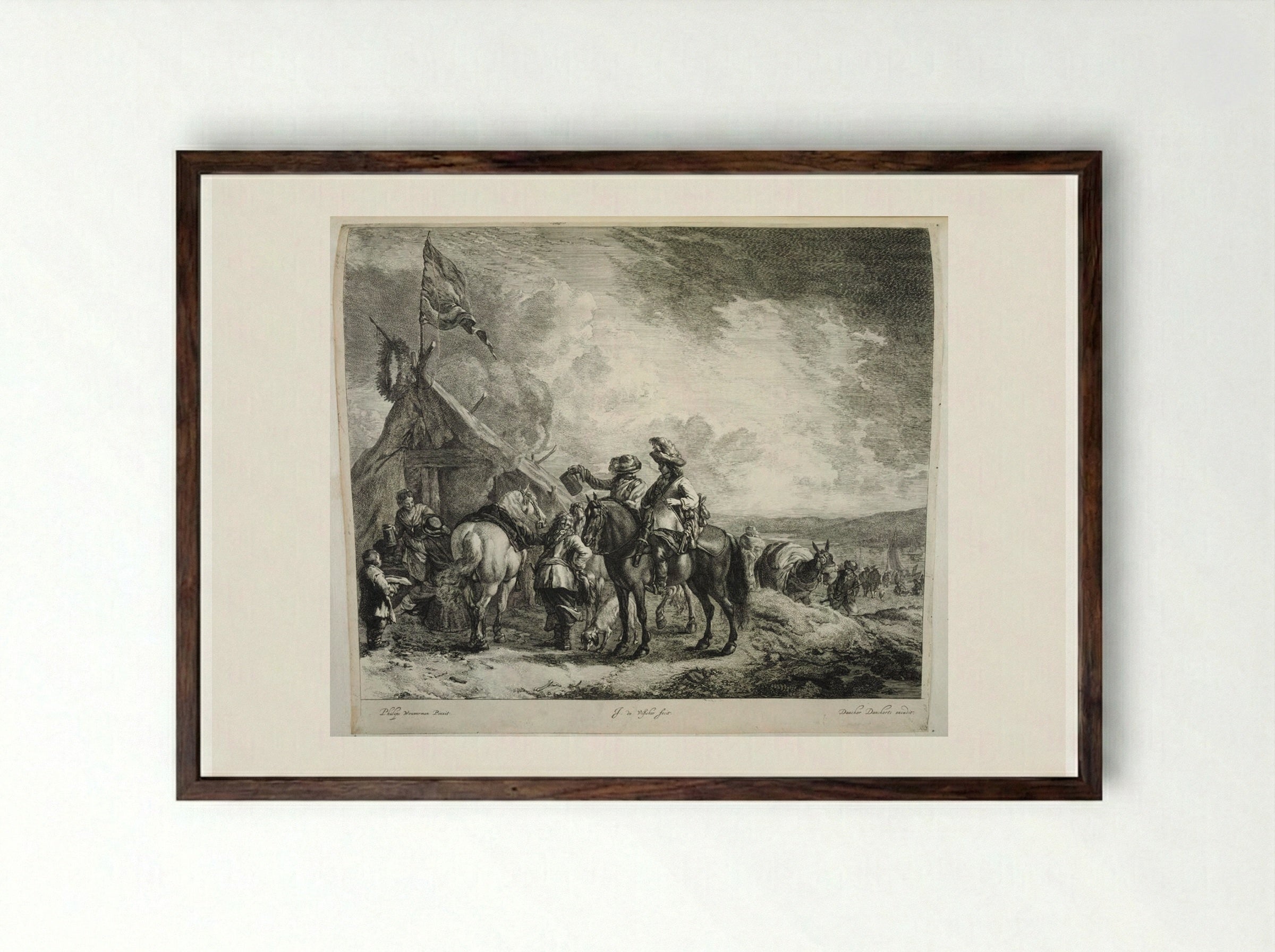 Three Horsemen at the Sutler's Tent - Johannes de Visscher - Framed Print Dark Wood