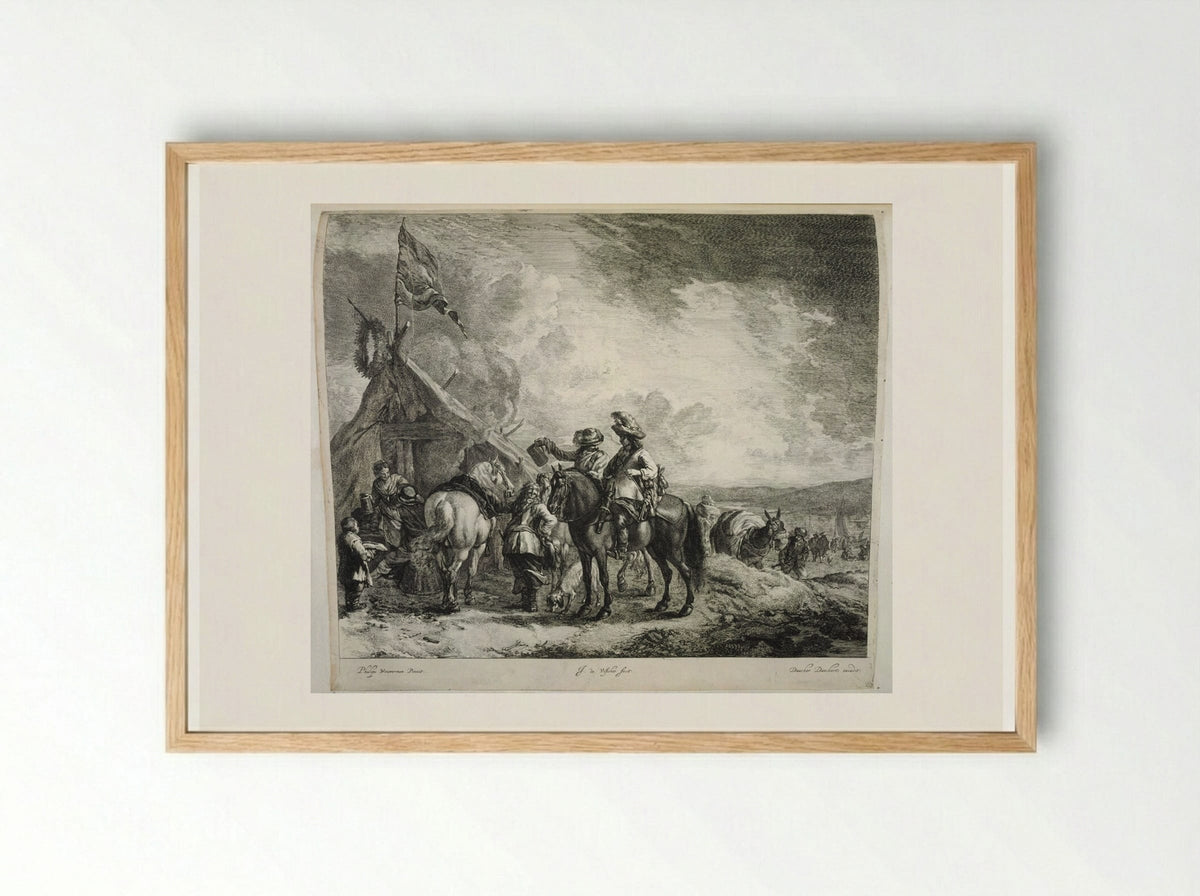Three Horsemen at the Sutler's Tent - Johannes de Visscher - Framed Print Wood